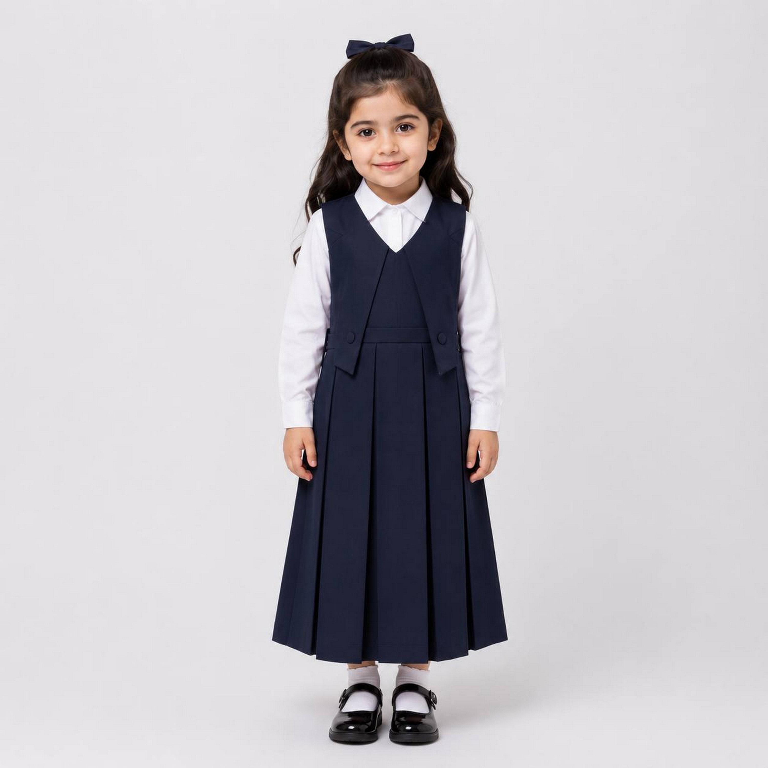 زي مدرسي رسمي كتان بتفاصيل فيونكة مكسر للبنات من حوراء - كحلي-girls-clothing-dressesandjumpsuits-image-1