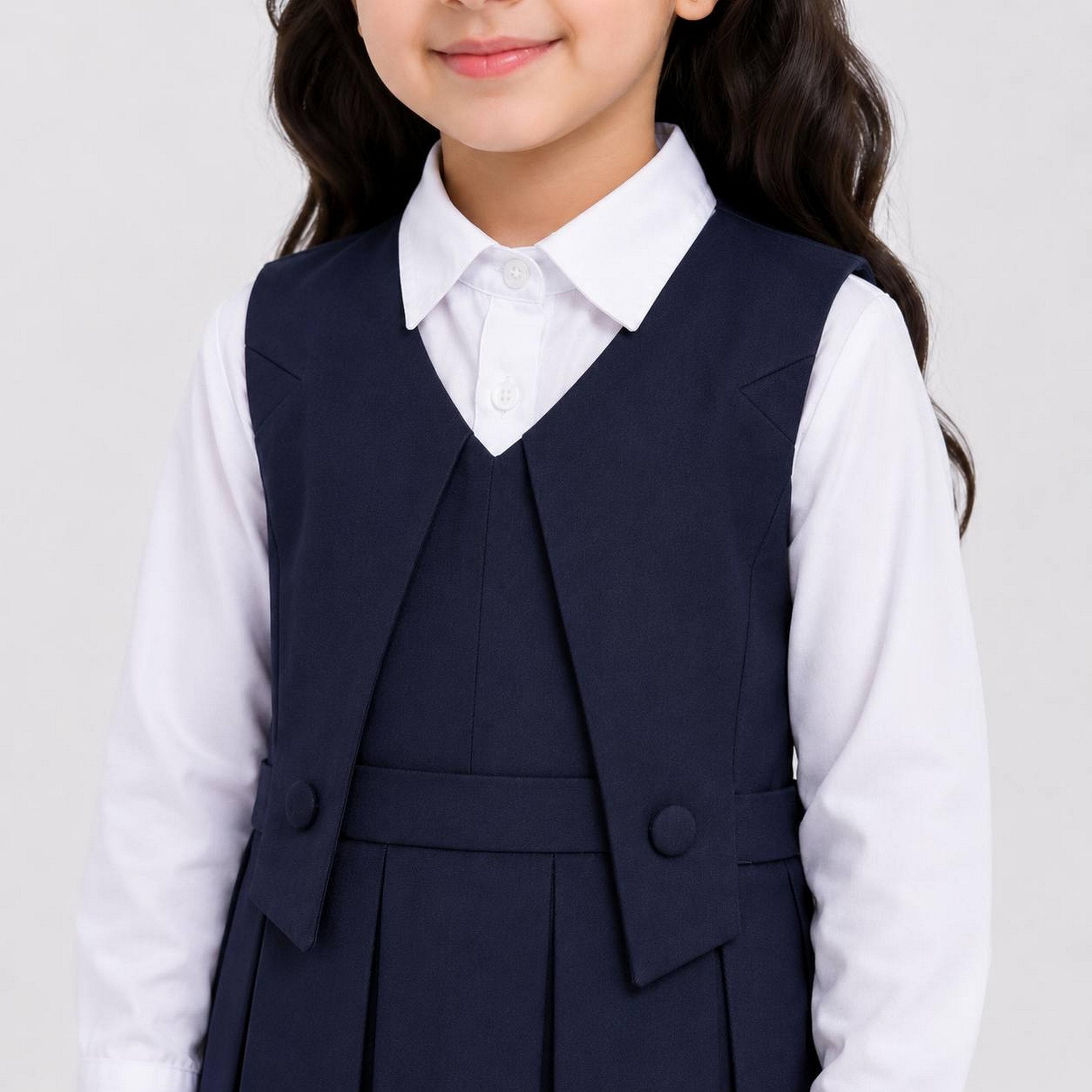 زي مدرسي رسمي كتان بتفاصيل فيونكة مكسر للبنات من حوراء - كحلي-girls-clothing-dressesandjumpsuits-image-2
