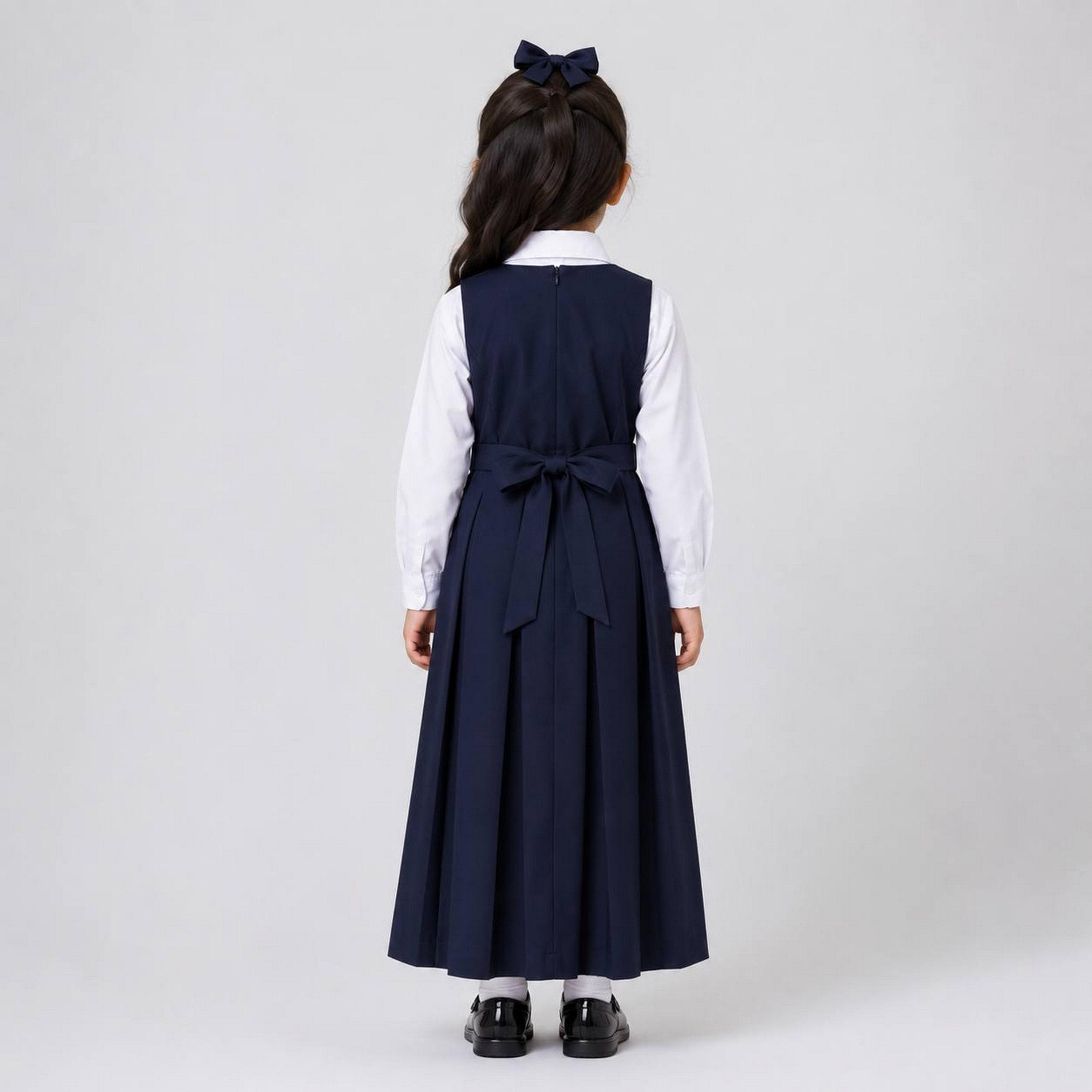 زي مدرسي رسمي كتان بتفاصيل فيونكة مكسر للبنات من حوراء - كحلي-girls-clothing-dressesandjumpsuits-image-3