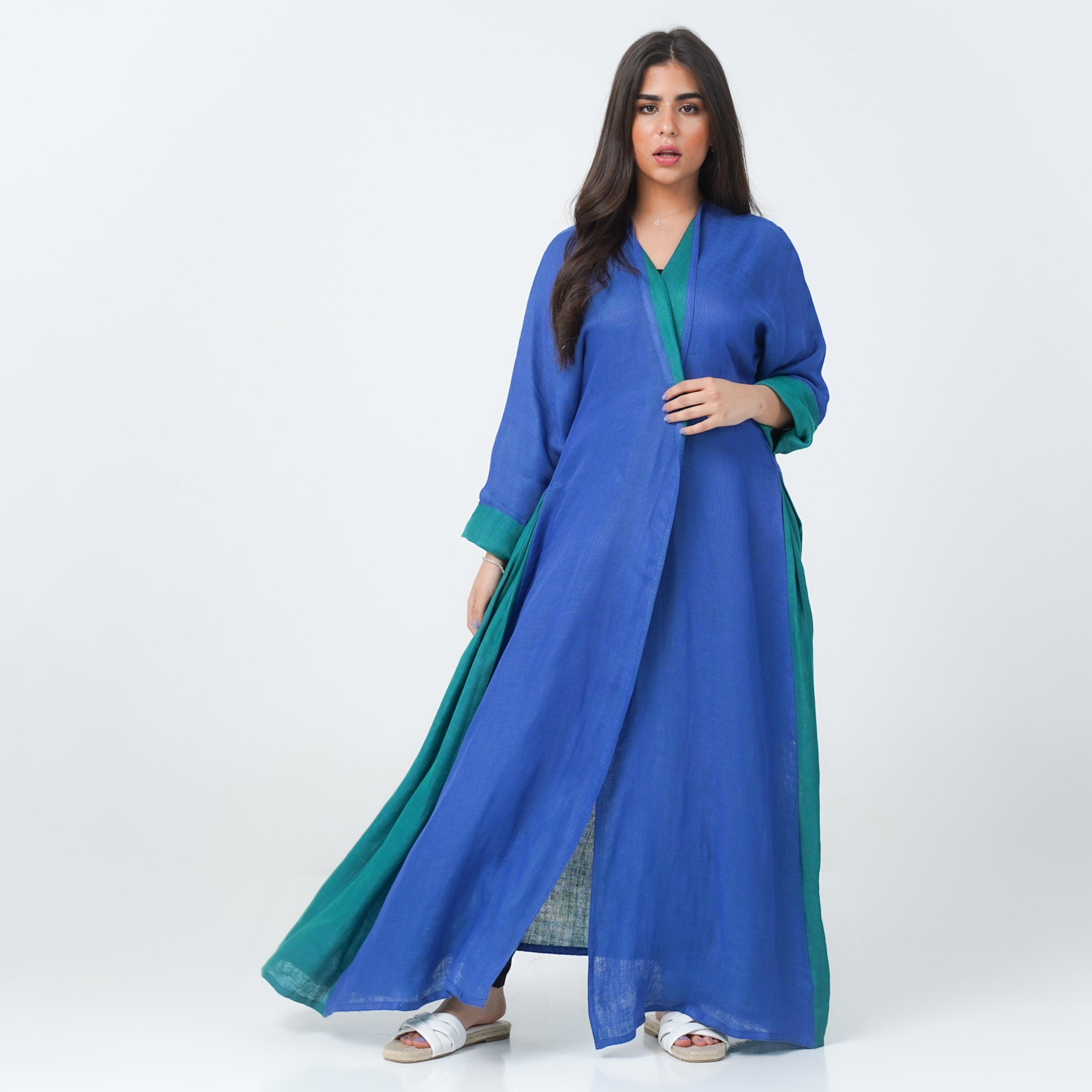Gheed Blue Colourblock Open Front Neck Roll-Up Cuff Sleeves Linen Women's Abaya with Hijab-women-arabicclothing-abayas-image-1
