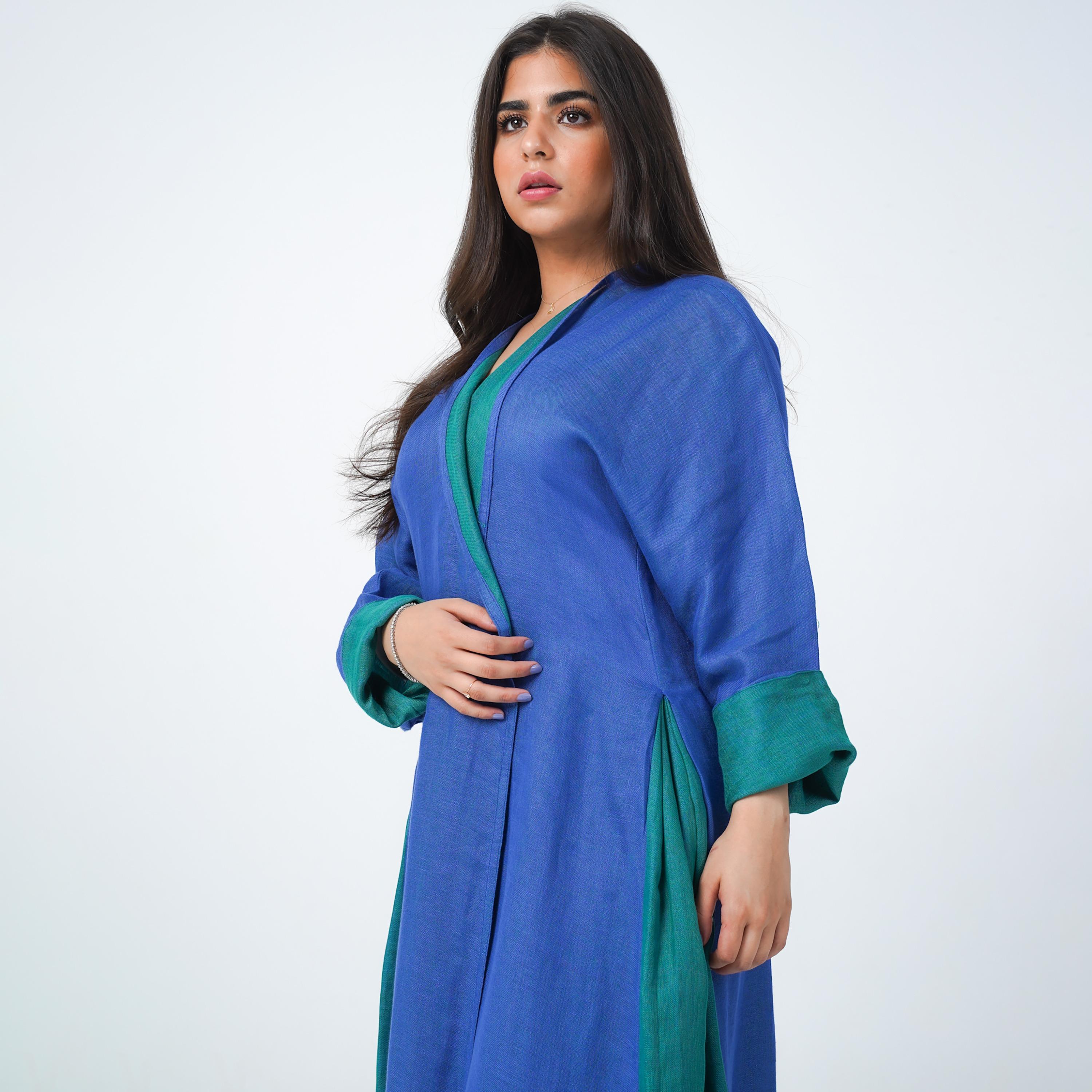 Gheed Blue Colourblock Open Front Neck Roll-Up Cuff Sleeves Linen Women's Abaya with Hijab-women-arabicclothing-abayas-image-2