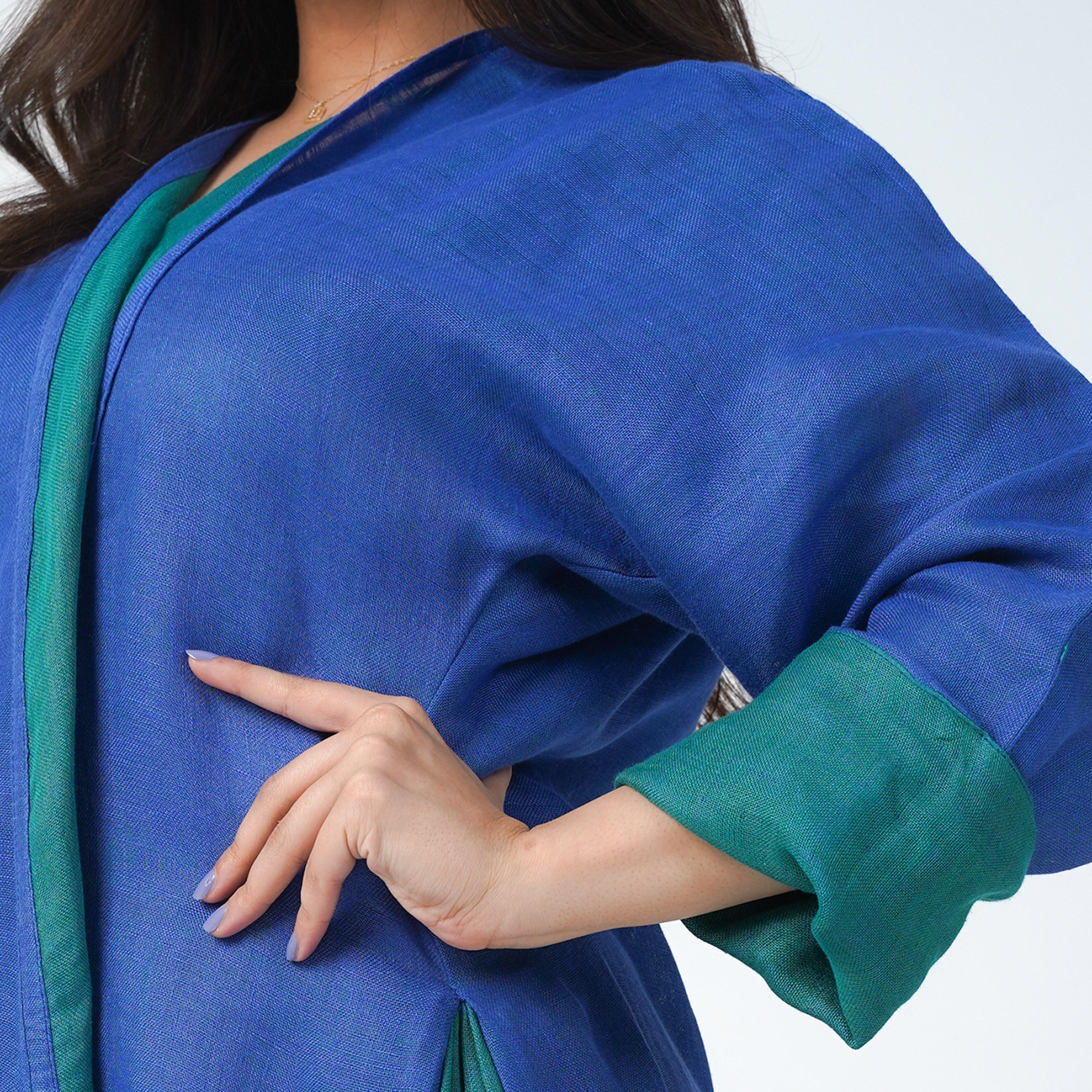 Gheed Blue Colourblock Open Front Neck Roll-Up Cuff Sleeves Linen Women's Abaya with Hijab-women-arabicclothing-abayas-image-3