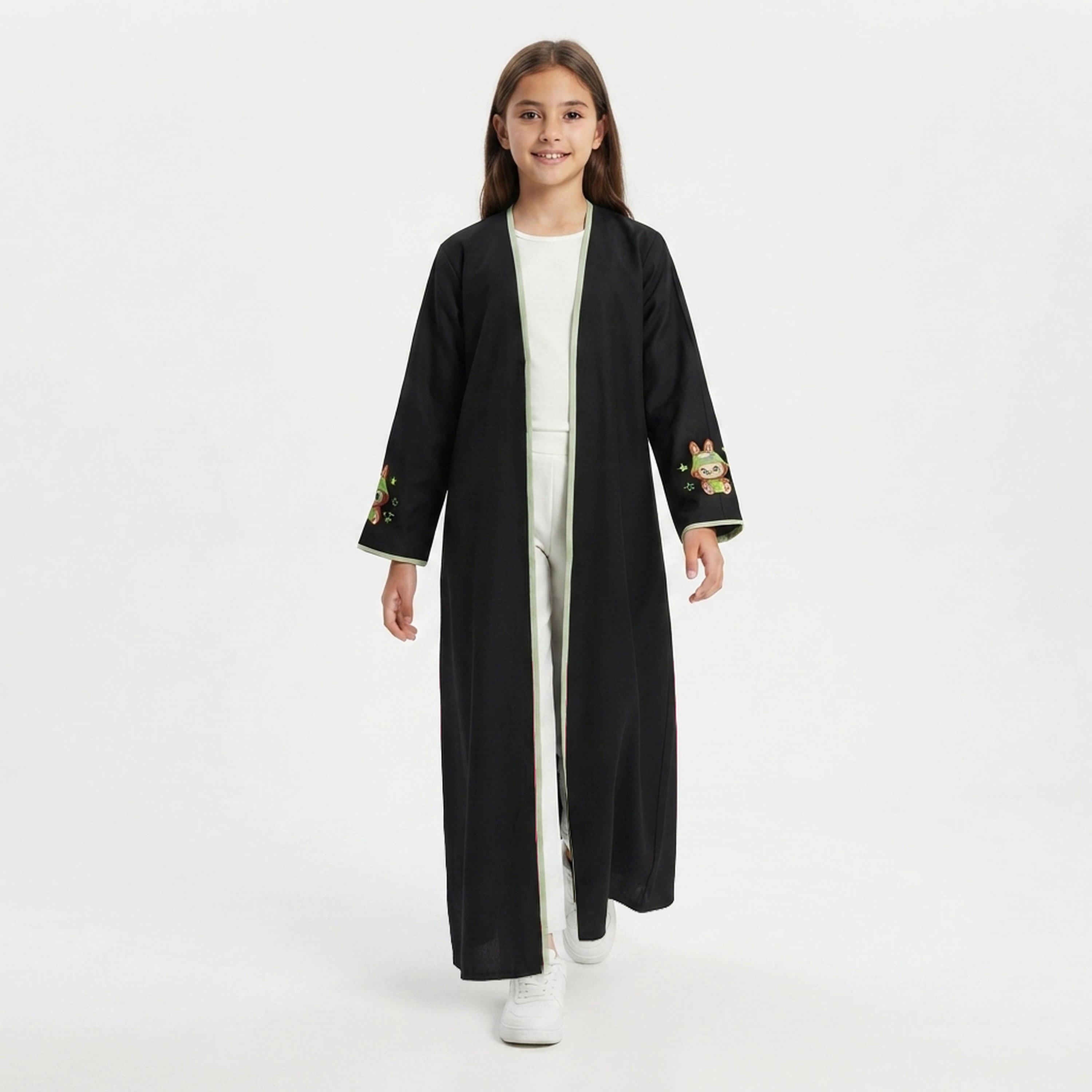 Hawraa Black Labubu Embroidered Linen Girls Abaya with Hijab-girls-arabicclothing-abayas-image-1