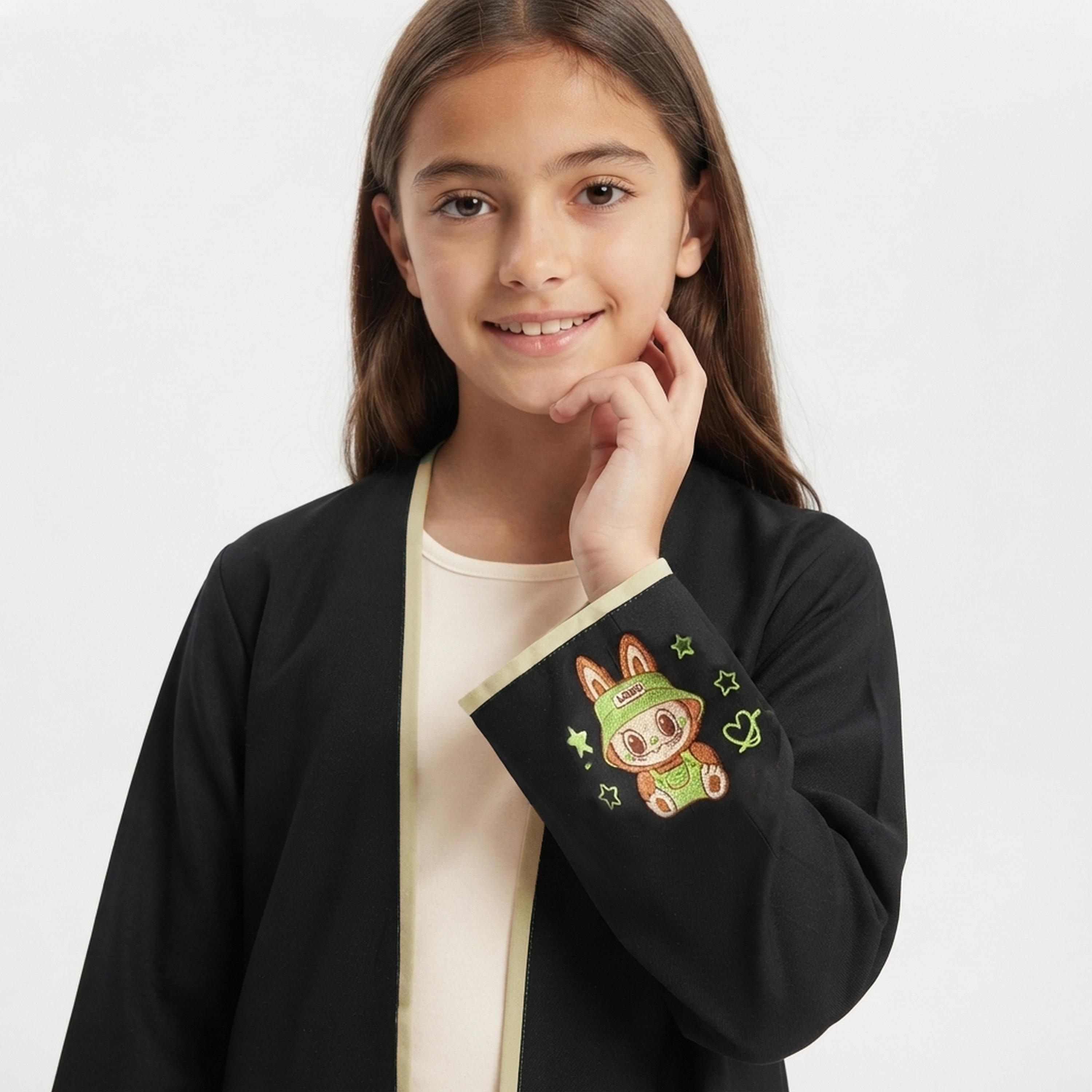 Hawraa Black Labubu Embroidered Linen Girls Abaya with Hijab-girls-arabicclothing-abayas-image-2