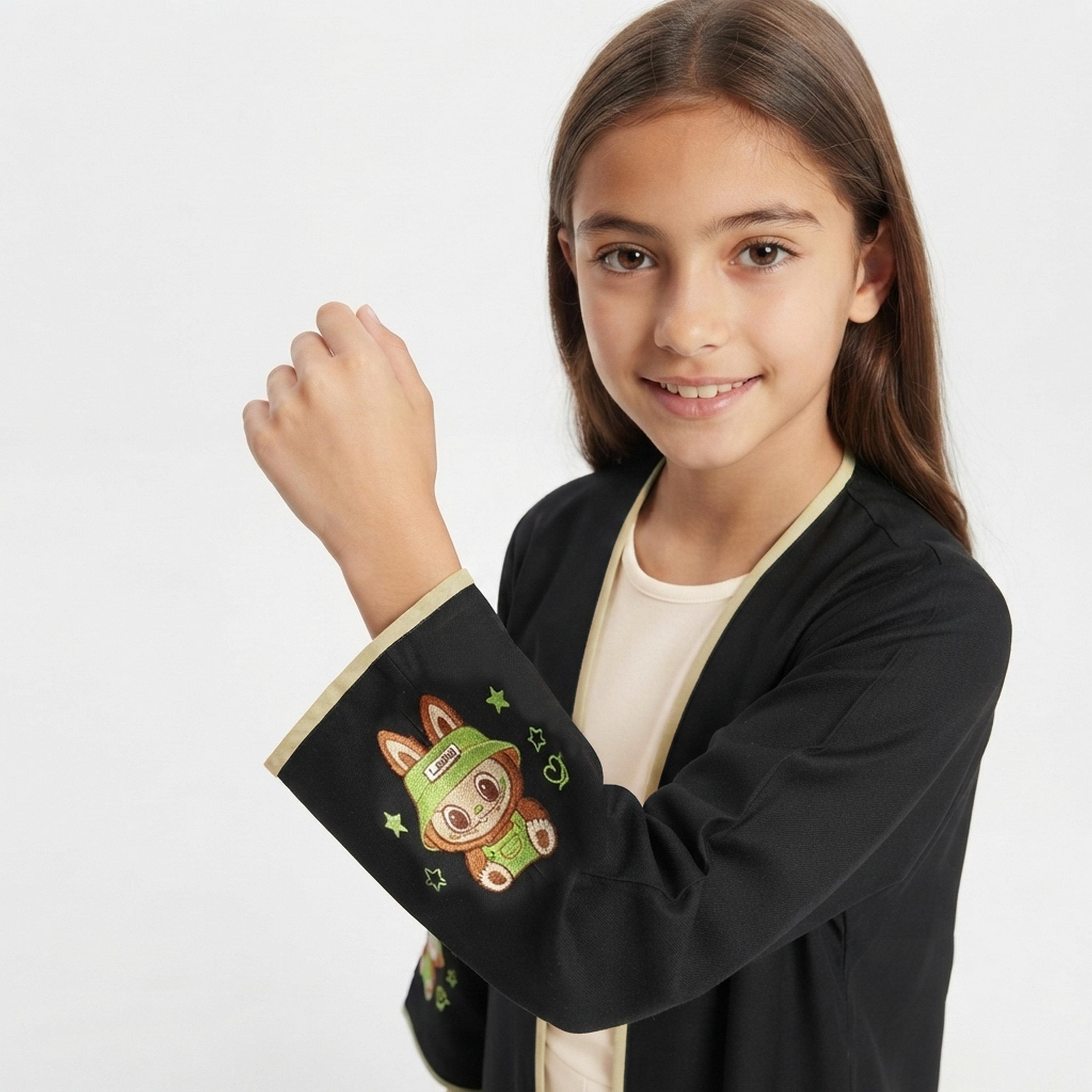 Hawraa Black Labubu Embroidered Linen Girls Abaya with Hijab-girls-arabicclothing-abayas-image-3
