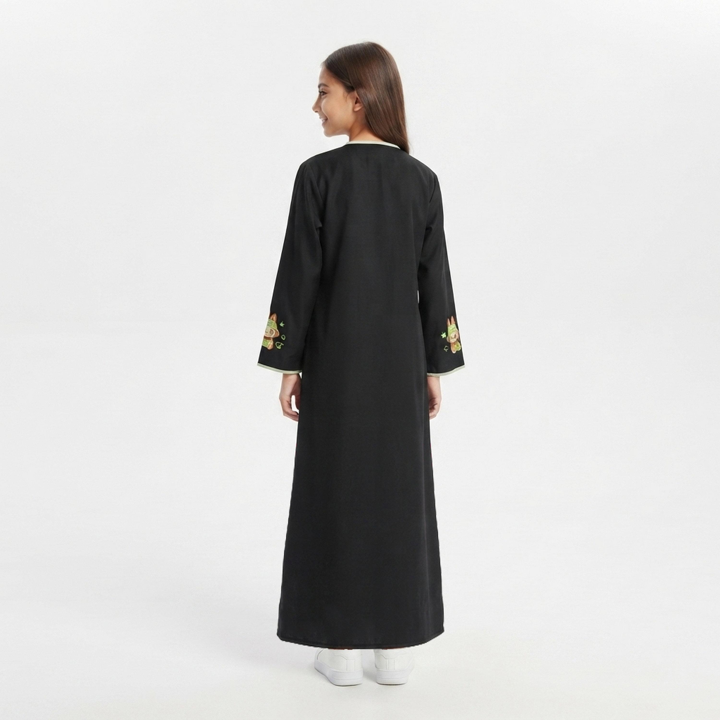 Hawraa Black Labubu Embroidered Linen Girls Abaya with Hijab-girls-arabicclothing-abayas-image-4