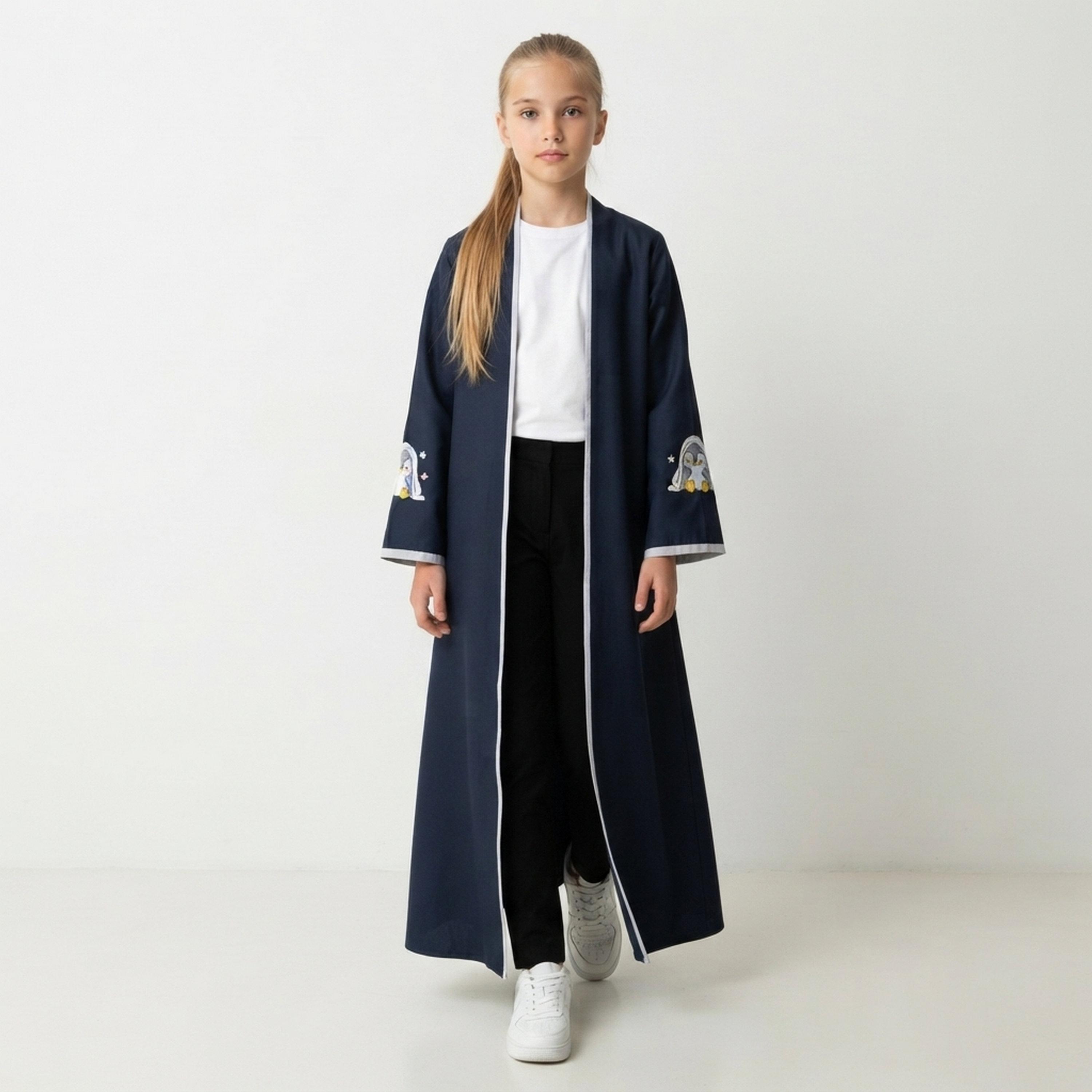 Hawraa Navy Blue Penguin Embroidered Linen Girls Abaya with Hijab-girls-arabicclothing-abayas-image-1