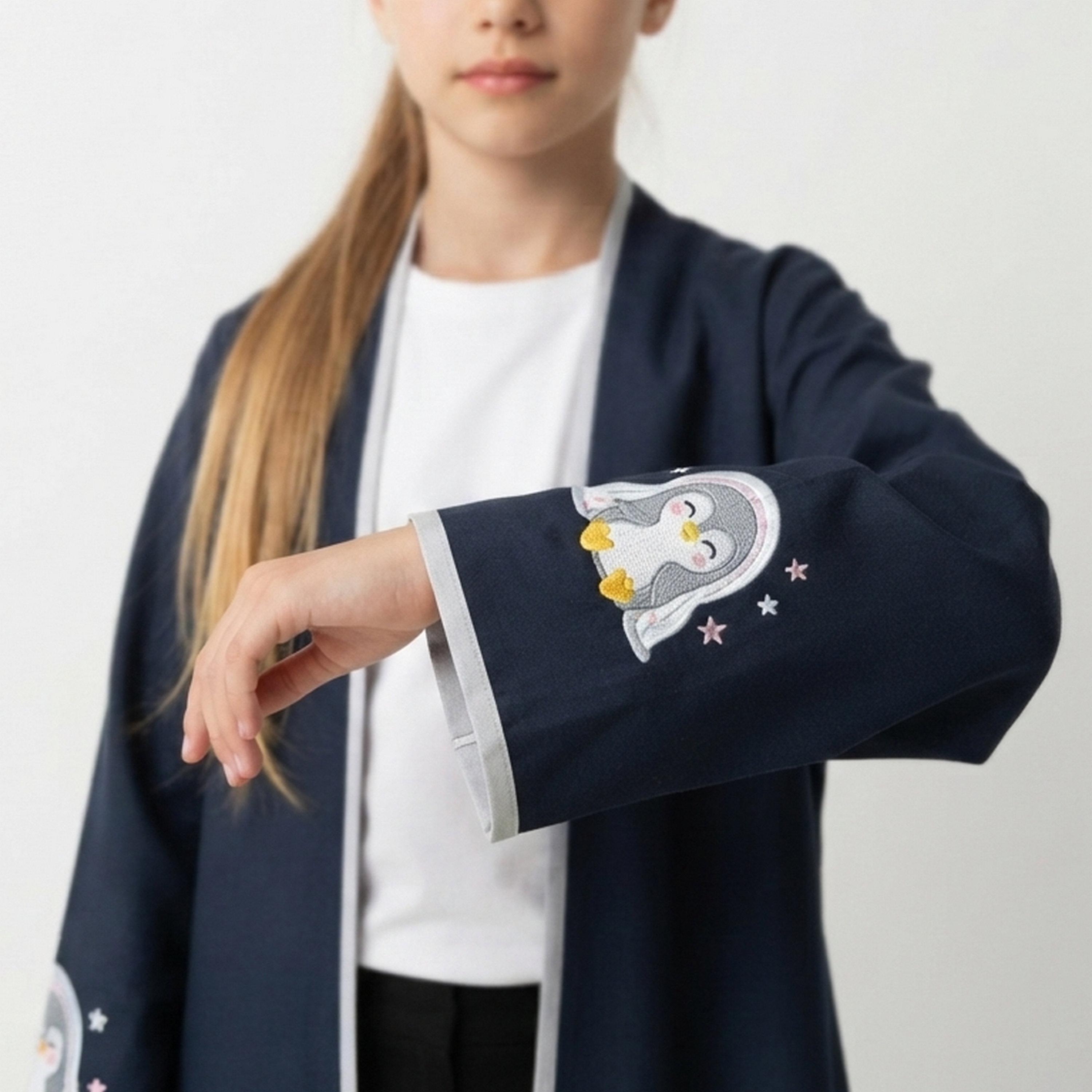 Hawraa Navy Blue Penguin Embroidered Linen Girls Abaya with Hijab-girls-arabicclothing-abayas-image-2