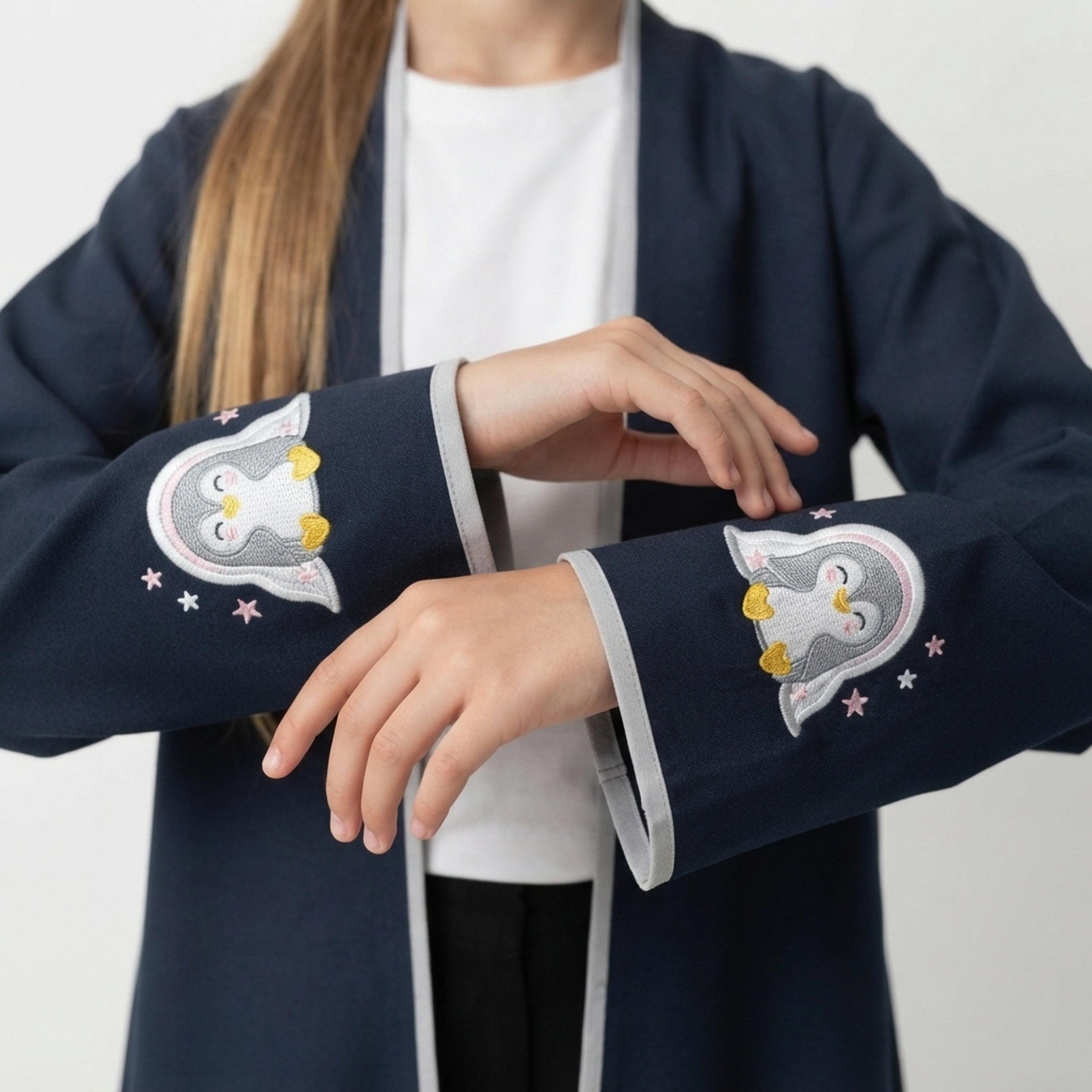 Hawraa Navy Blue Penguin Embroidered Linen Girls Abaya with Hijab-girls-arabicclothing-abayas-image-3