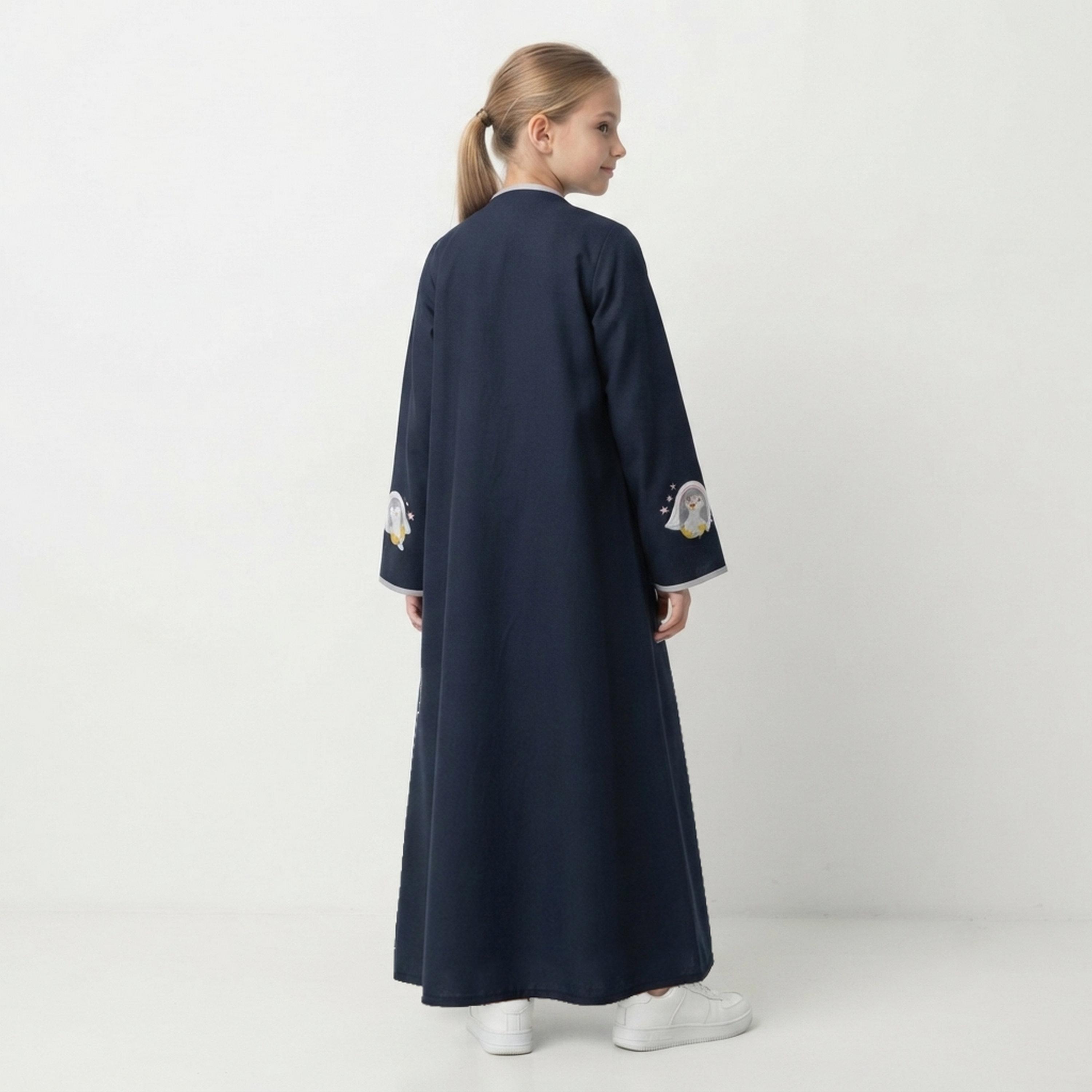 Hawraa Navy Blue Penguin Embroidered Linen Girls Abaya with Hijab-girls-arabicclothing-abayas-image-4