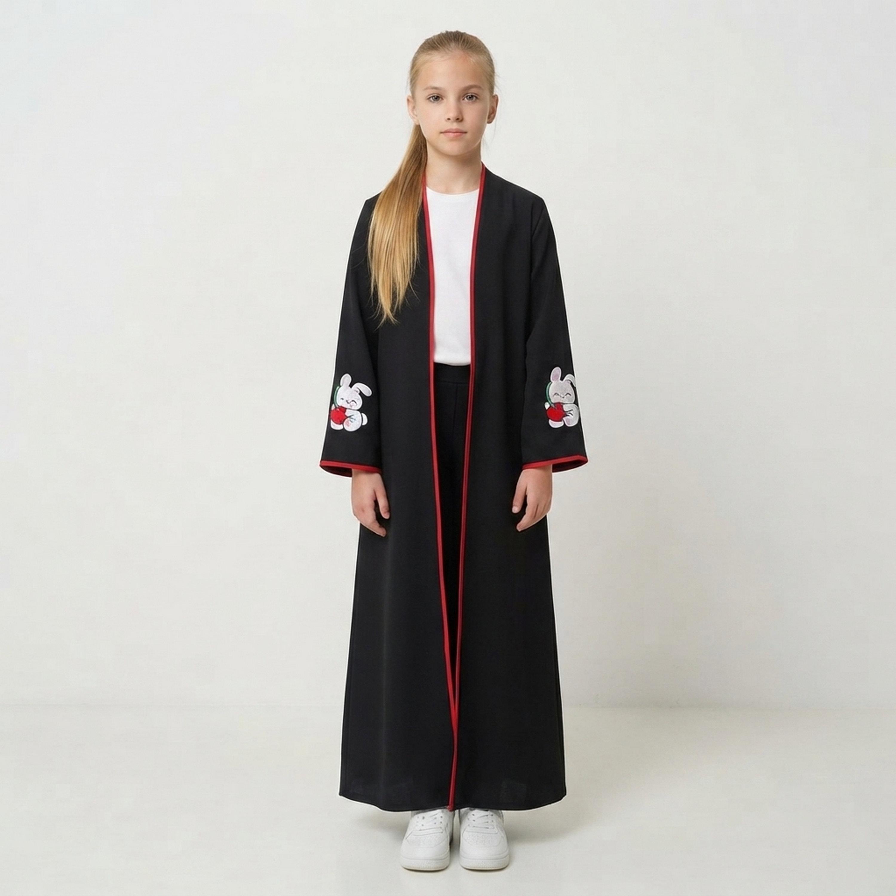 Hawraa Black Bunny Embroidered Linen Girls Abaya with Hijab-girls-arabicclothing-abayas-image-1