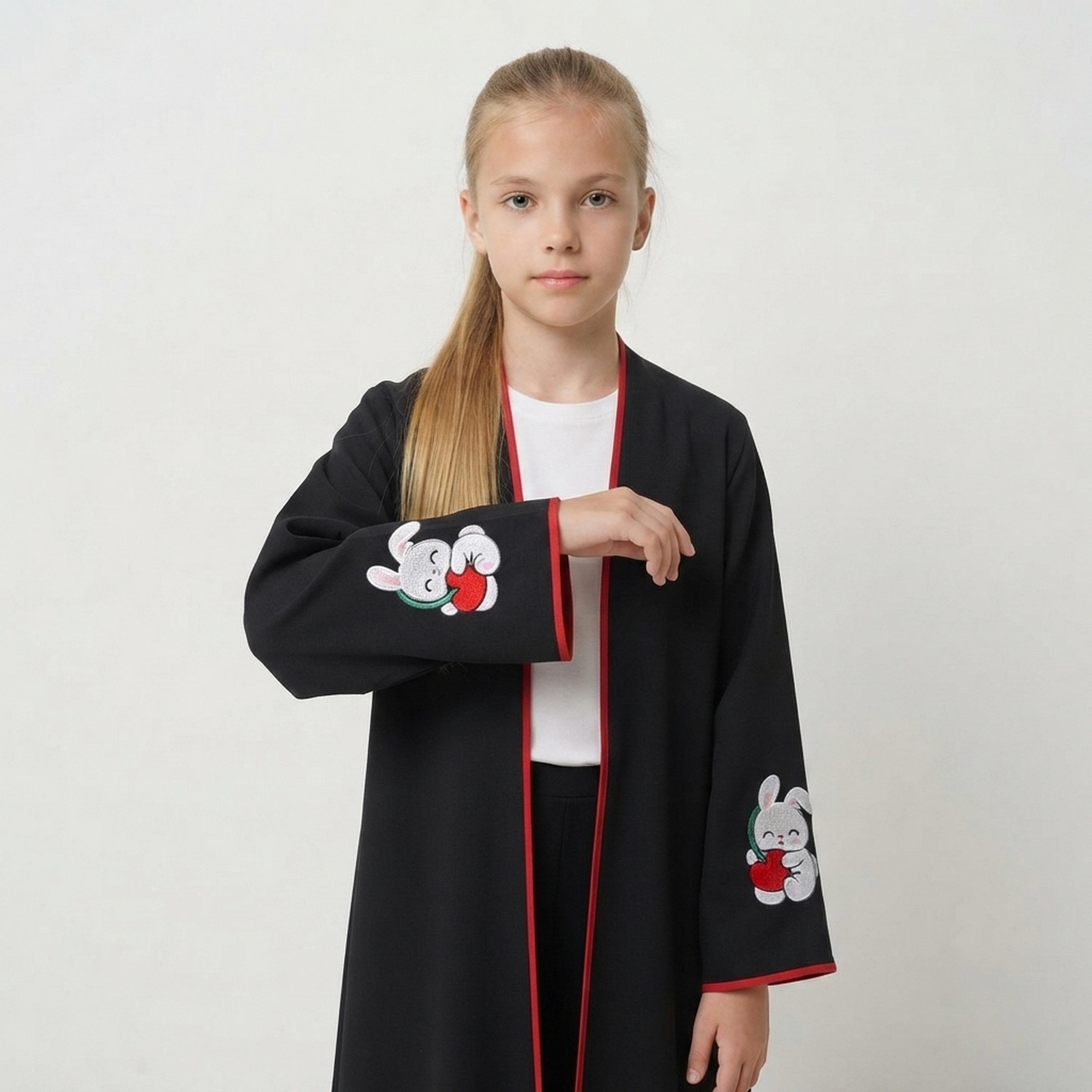 Hawraa Black Bunny Embroidered Linen Girls Abaya with Hijab-girls-arabicclothing-abayas-image-2