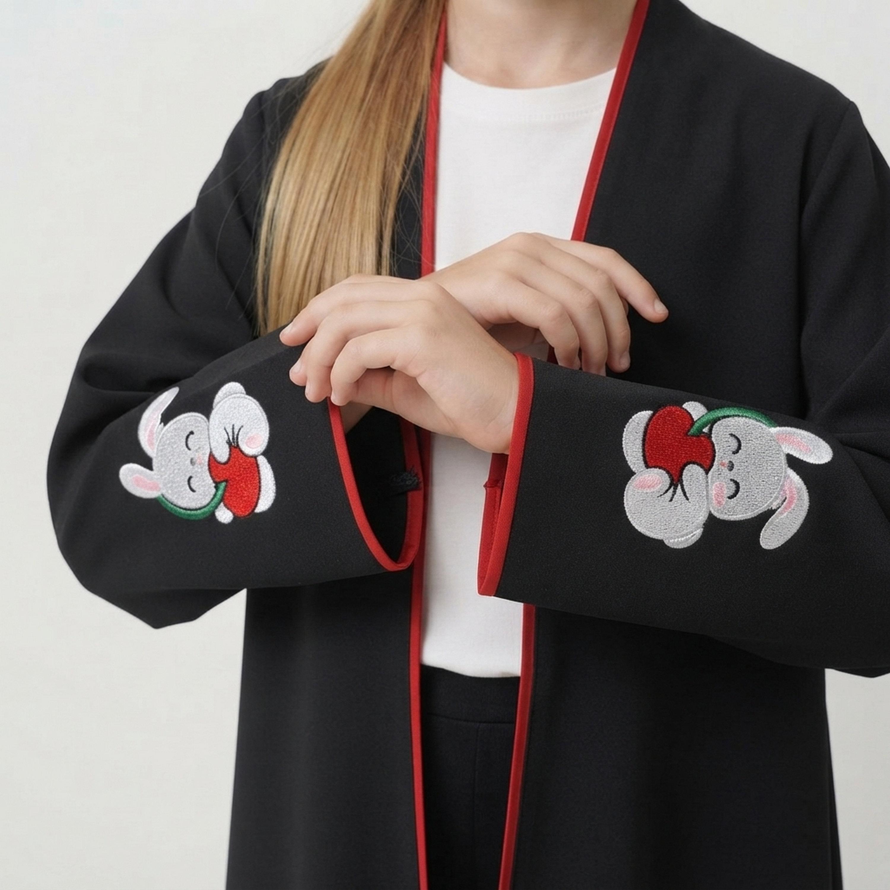 Hawraa Black Bunny Embroidered Linen Girls Abaya with Hijab-girls-arabicclothing-abayas-image-3