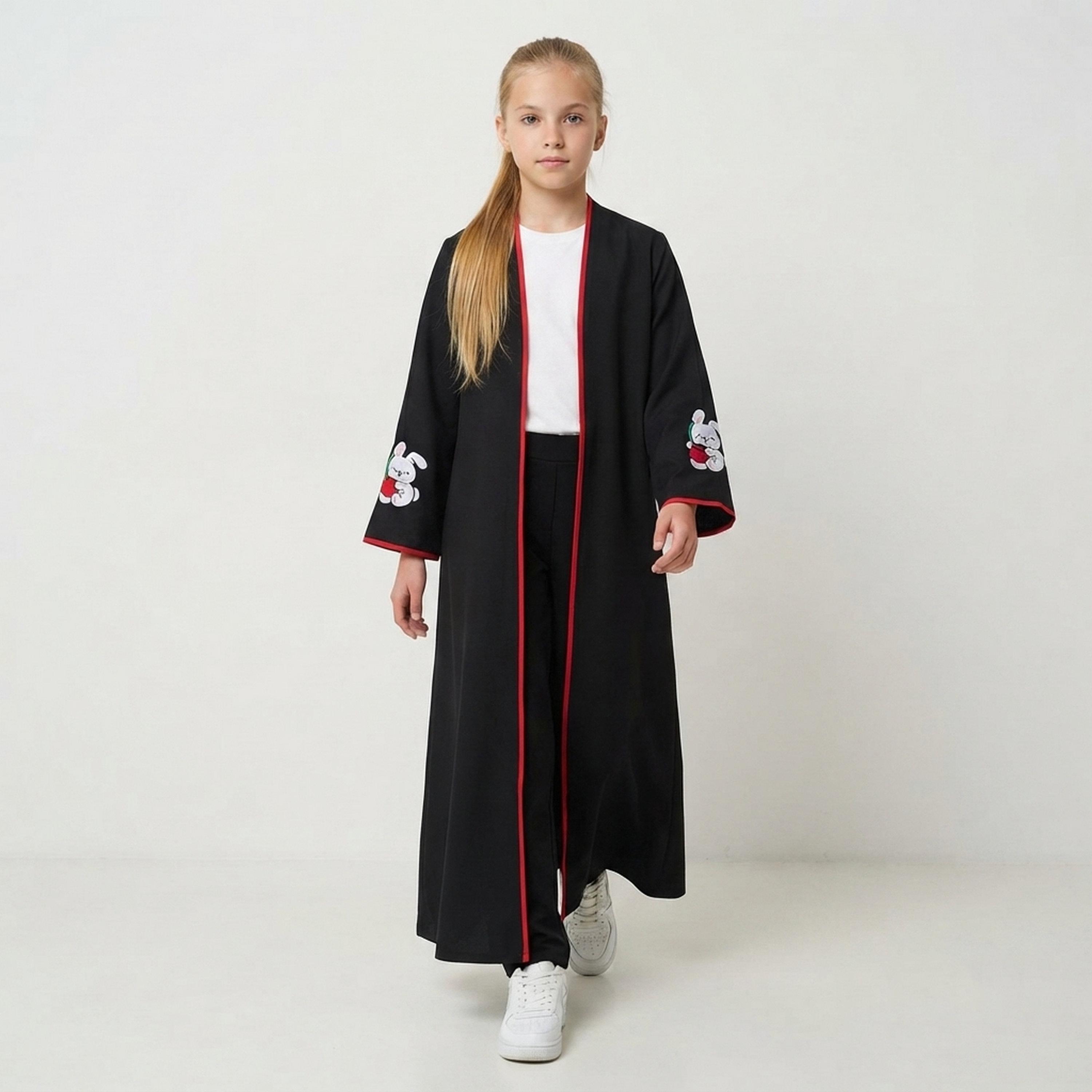 Hawraa Black Bunny Embroidered Linen Girls Abaya with Hijab-girls-arabicclothing-abayas-image-4