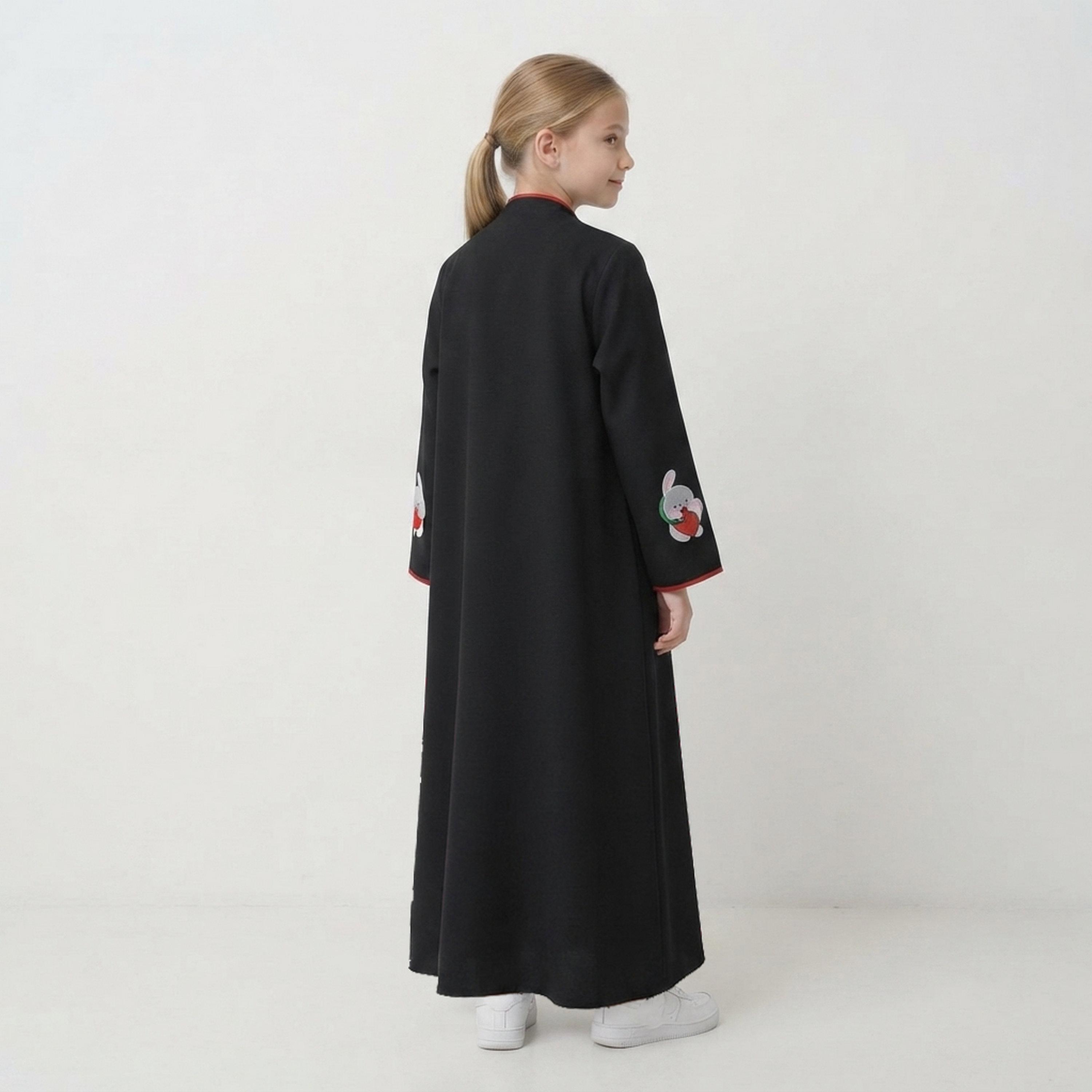 Hawraa Black Bunny Embroidered Linen Girls Abaya with Hijab-girls-arabicclothing-abayas-image-5