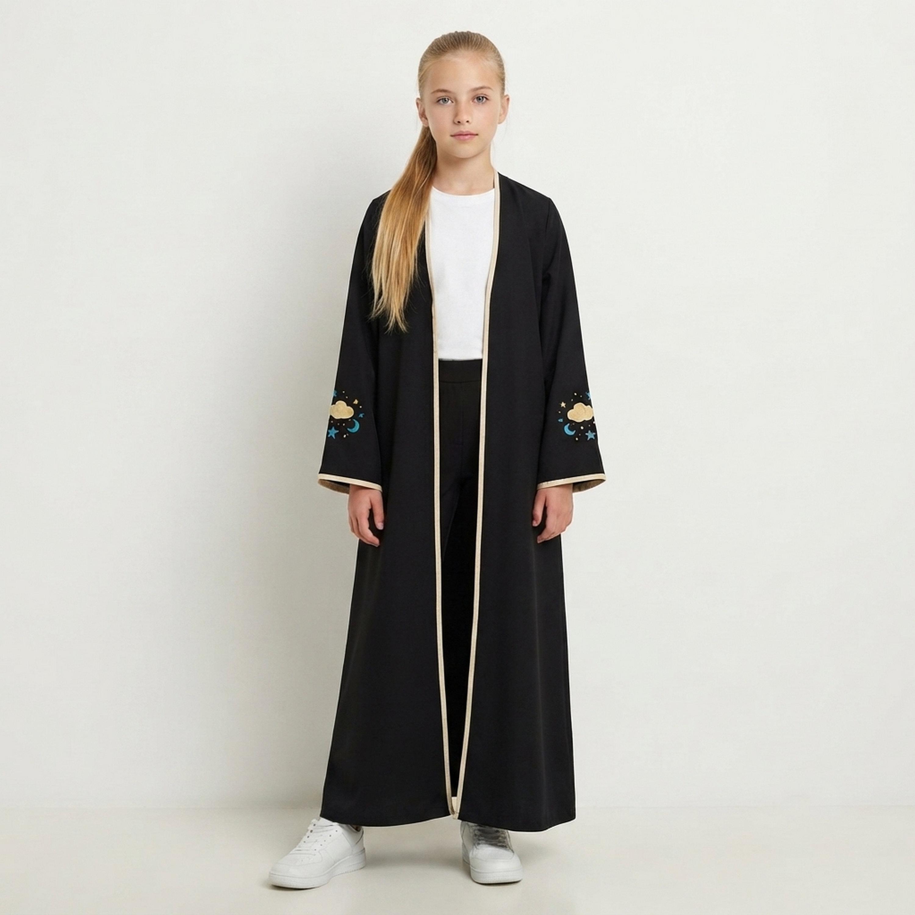 Hawraa Black Cloud Embroidered Linen Girls Abaya with Hijab-girls-arabicclothing-abayas-image-1