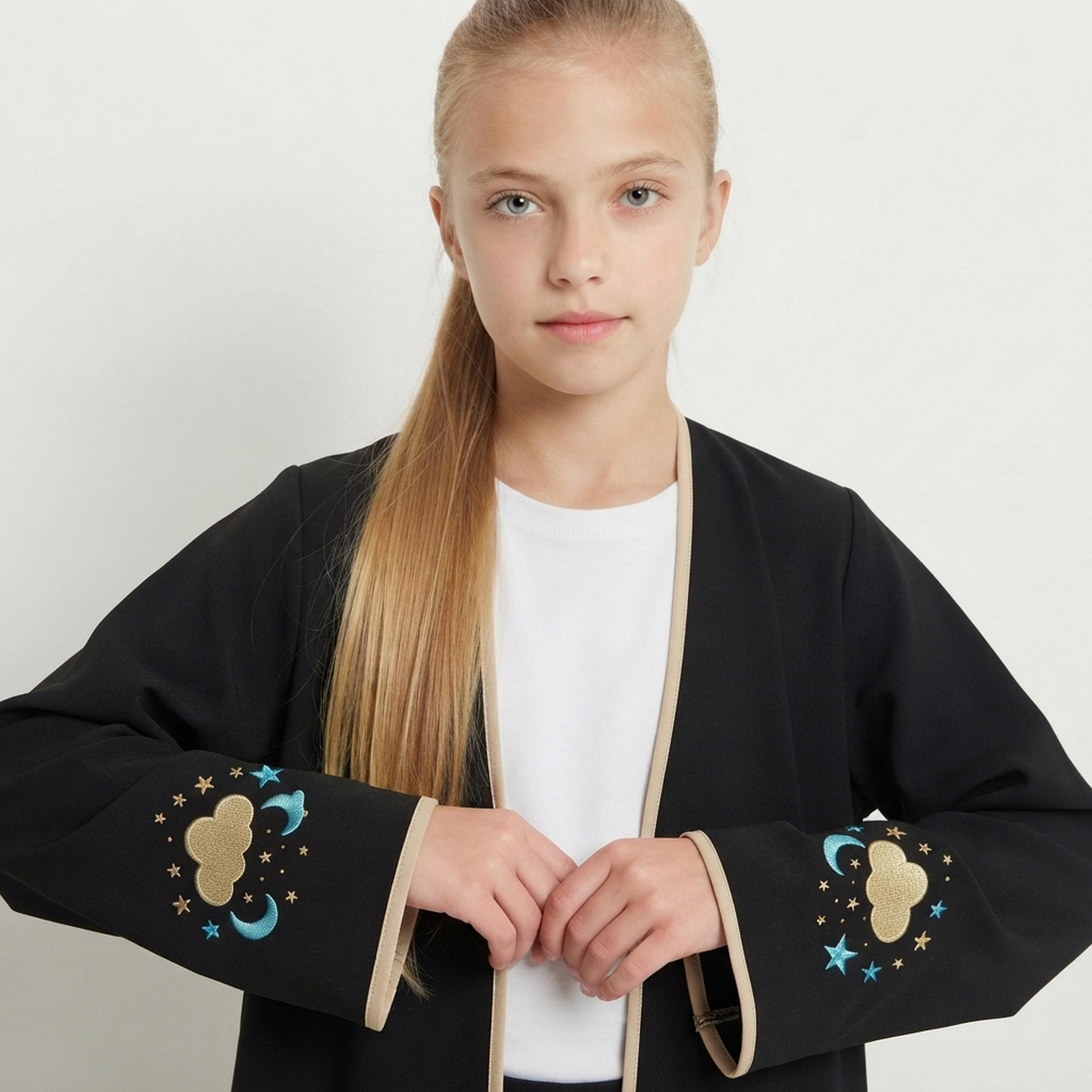 Hawraa Black Cloud Embroidered Linen Girls Abaya with Hijab-girls-arabicclothing-abayas-image-2