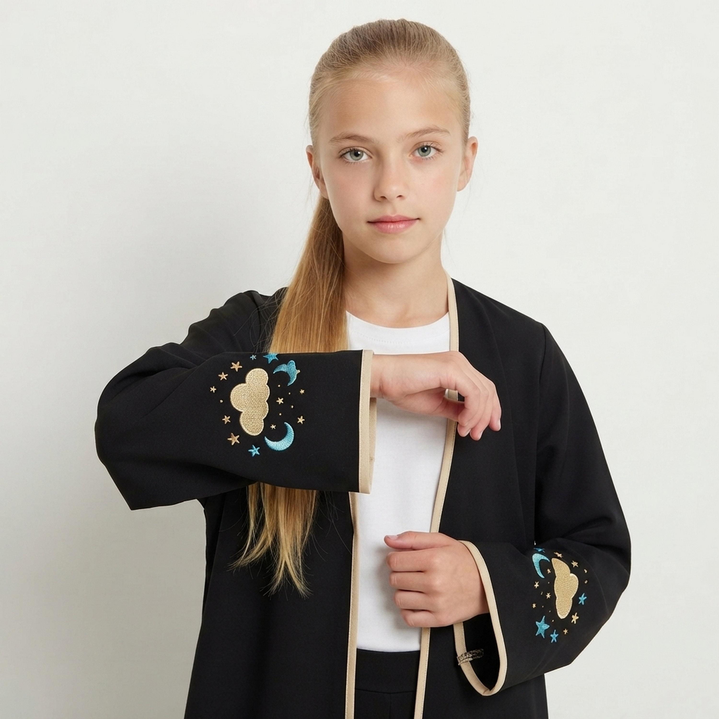 Hawraa Black Cloud Embroidered Linen Girls Abaya with Hijab-girls-arabicclothing-abayas-image-3