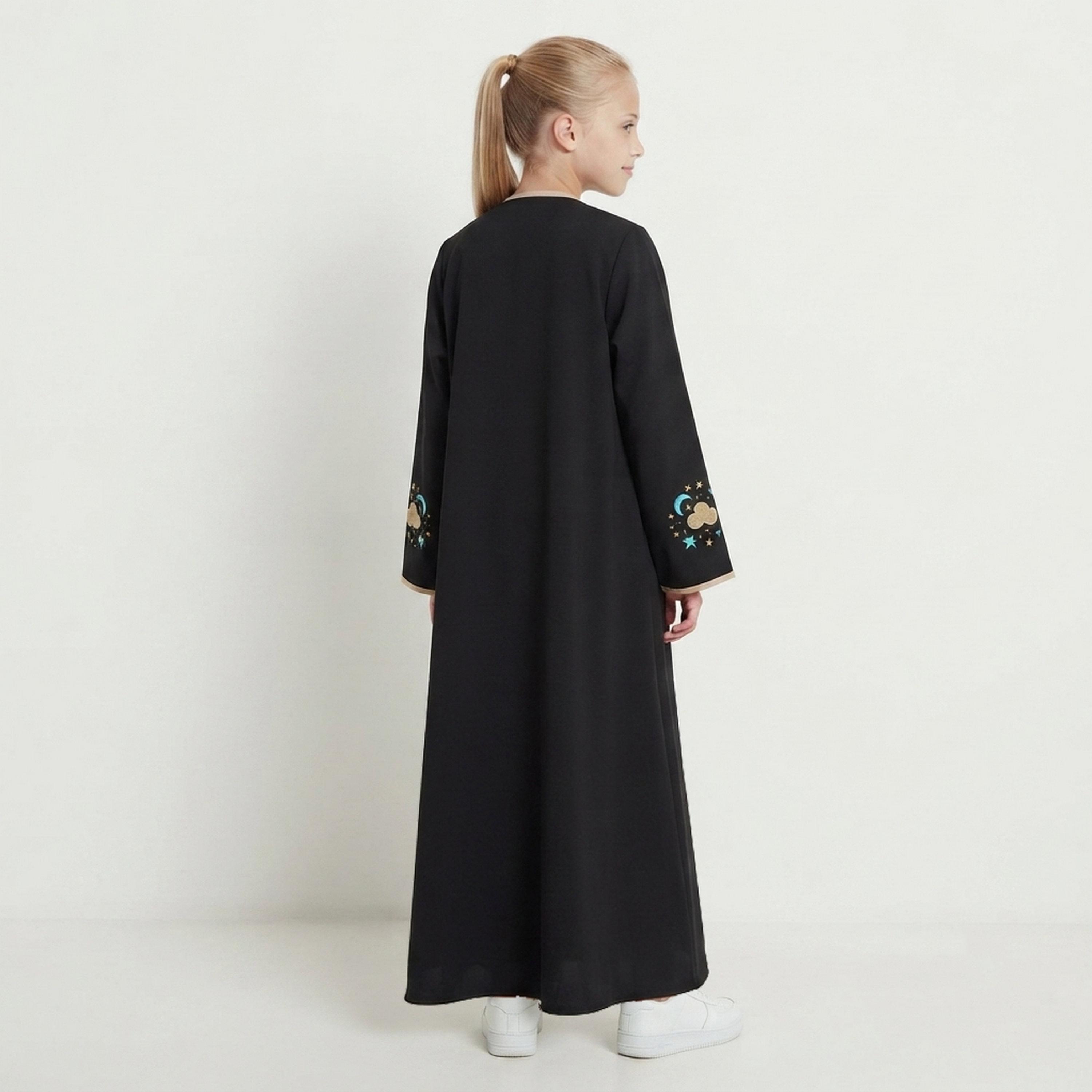 Hawraa Black Cloud Embroidered Linen Girls Abaya with Hijab-girls-arabicclothing-abayas-image-4