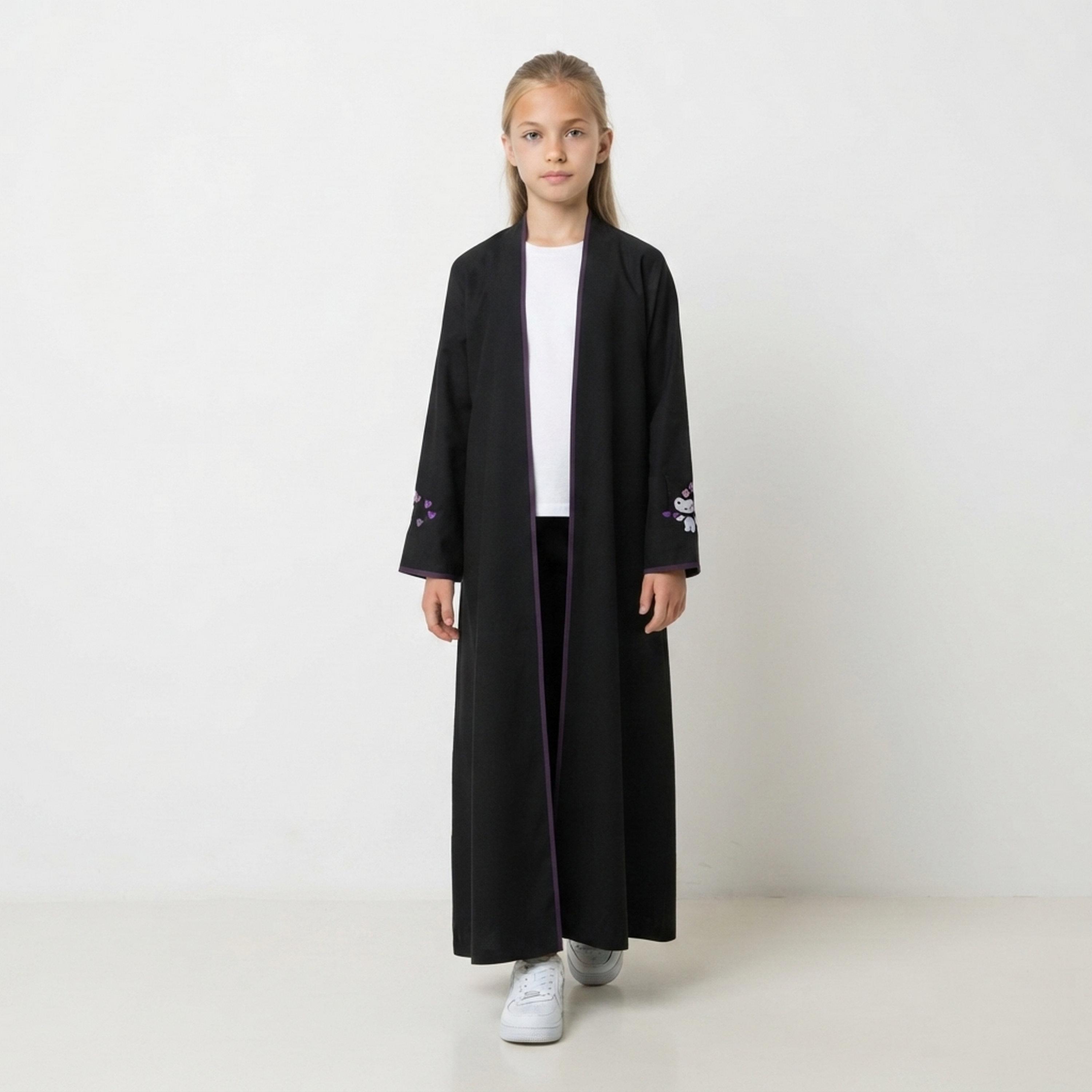 Hawraa Black Embroidered Linen Girls Abaya with Hijab-girls-arabicclothing-abayas-image-1