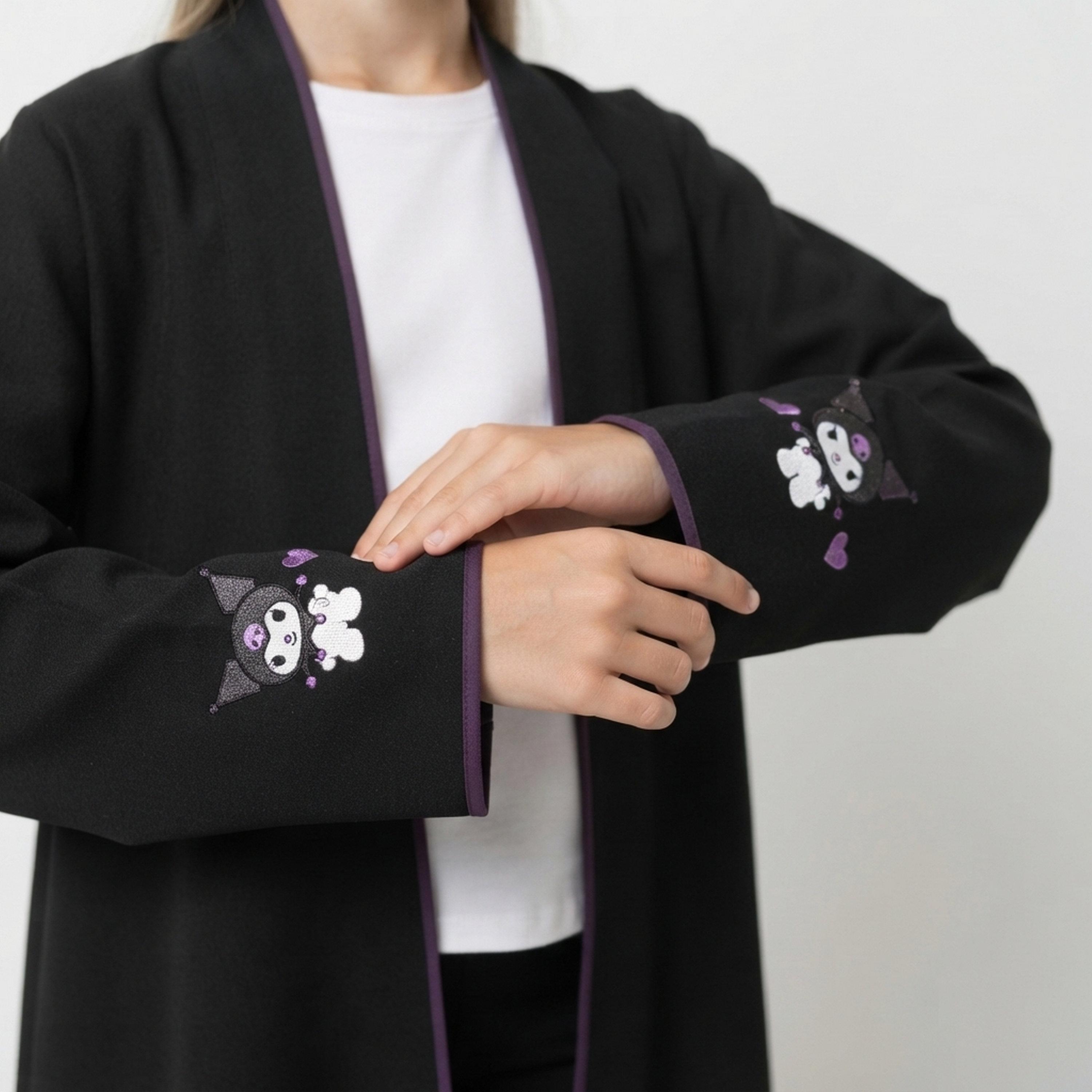 Hawraa Black Embroidered Linen Girls Abaya with Hijab-girls-arabicclothing-abayas-image-2