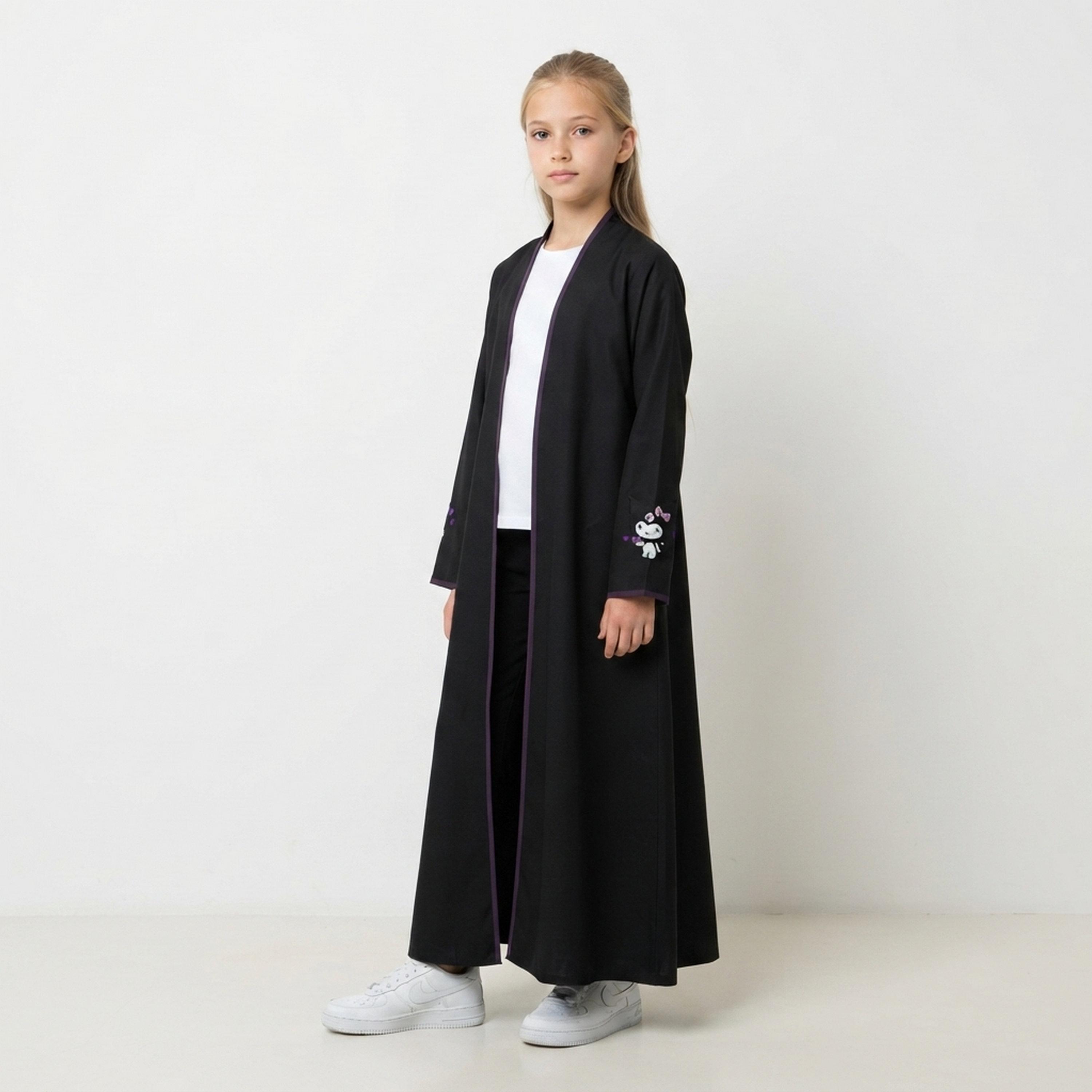 Hawraa Black Embroidered Linen Girls Abaya with Hijab-girls-arabicclothing-abayas-image-4