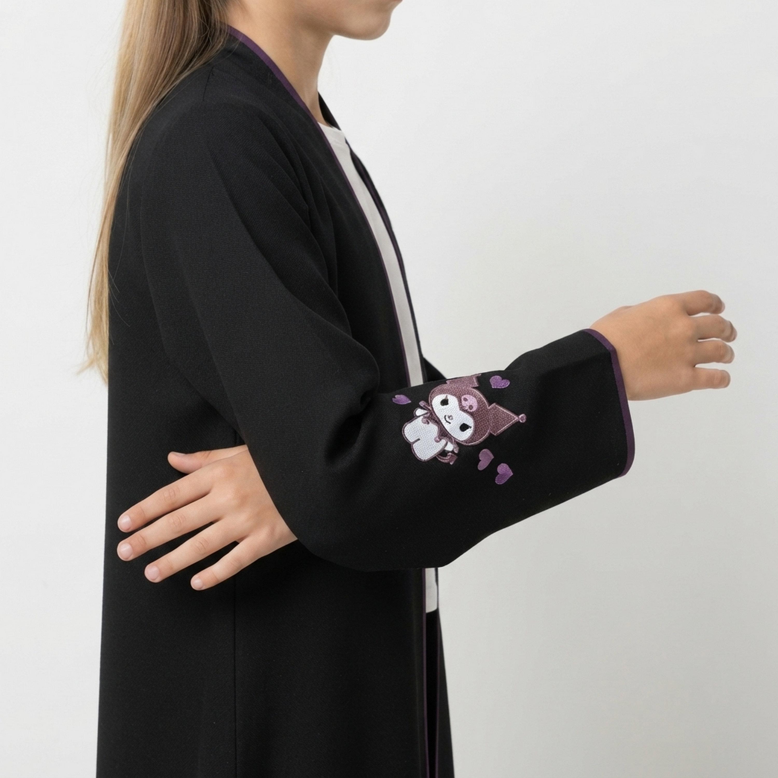 Hawraa Black Embroidered Linen Girls Abaya with Hijab-girls-arabicclothing-abayas-image-6
