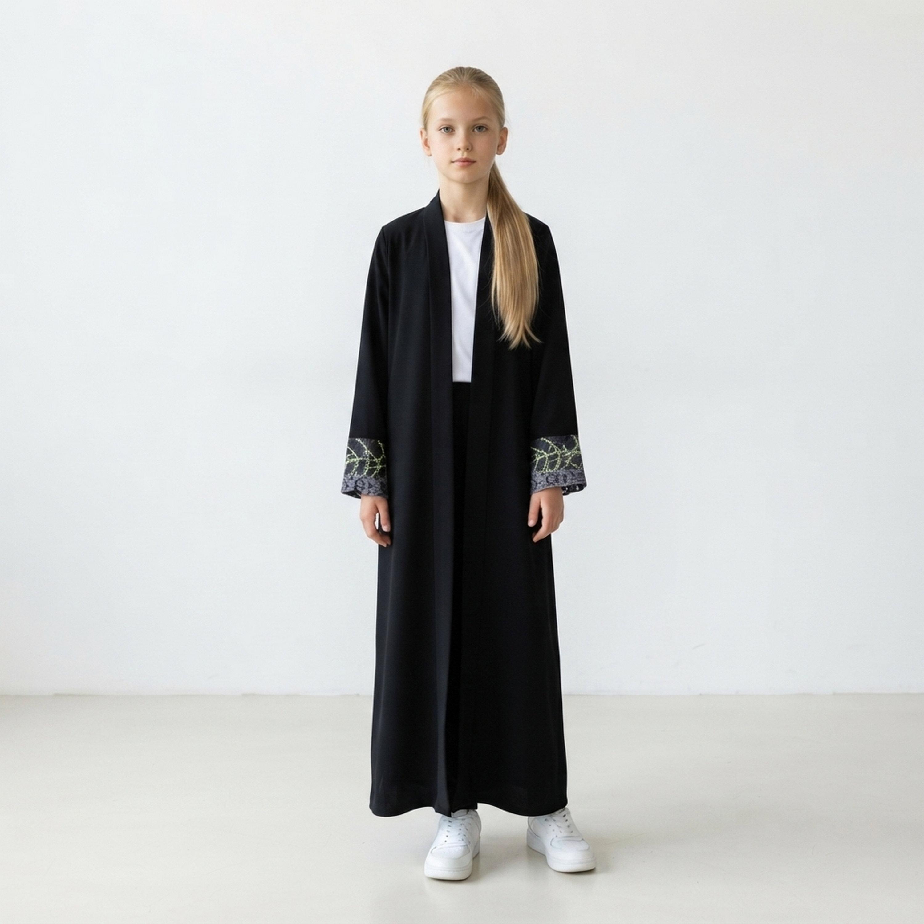 Hawraa Black Tree Embroidered Linen Girls Abaya with Hijab-girls-arabicclothing-abayas-image-1
