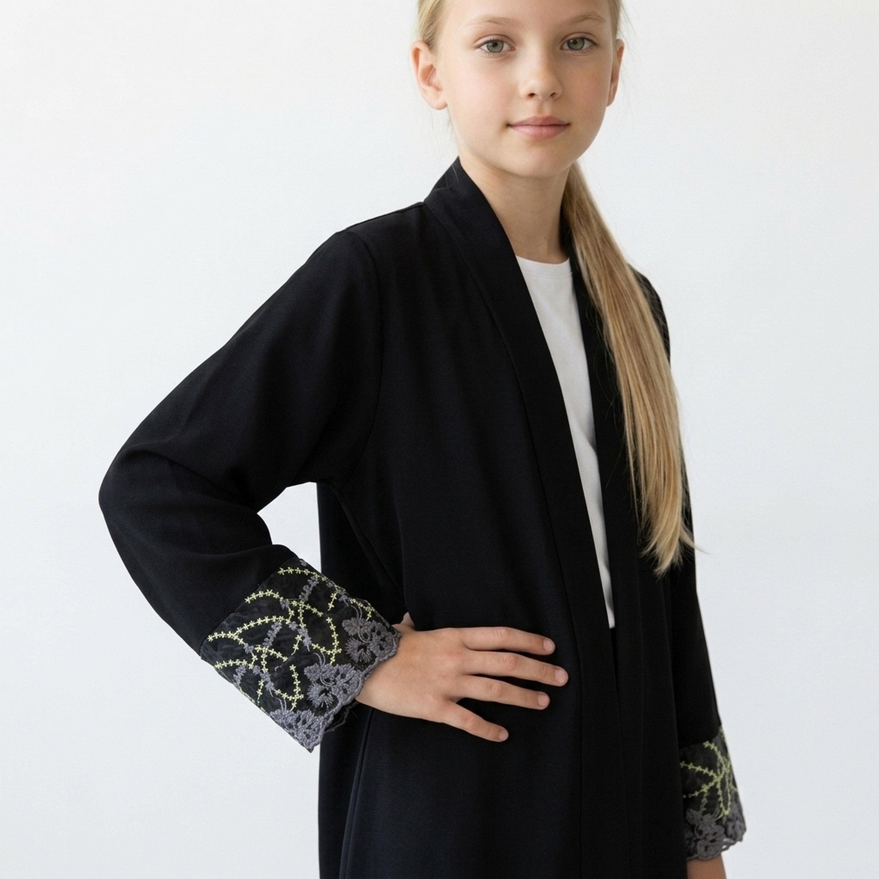 Hawraa Black Tree Embroidered Linen Girls Abaya with Hijab-girls-arabicclothing-abayas-image-2