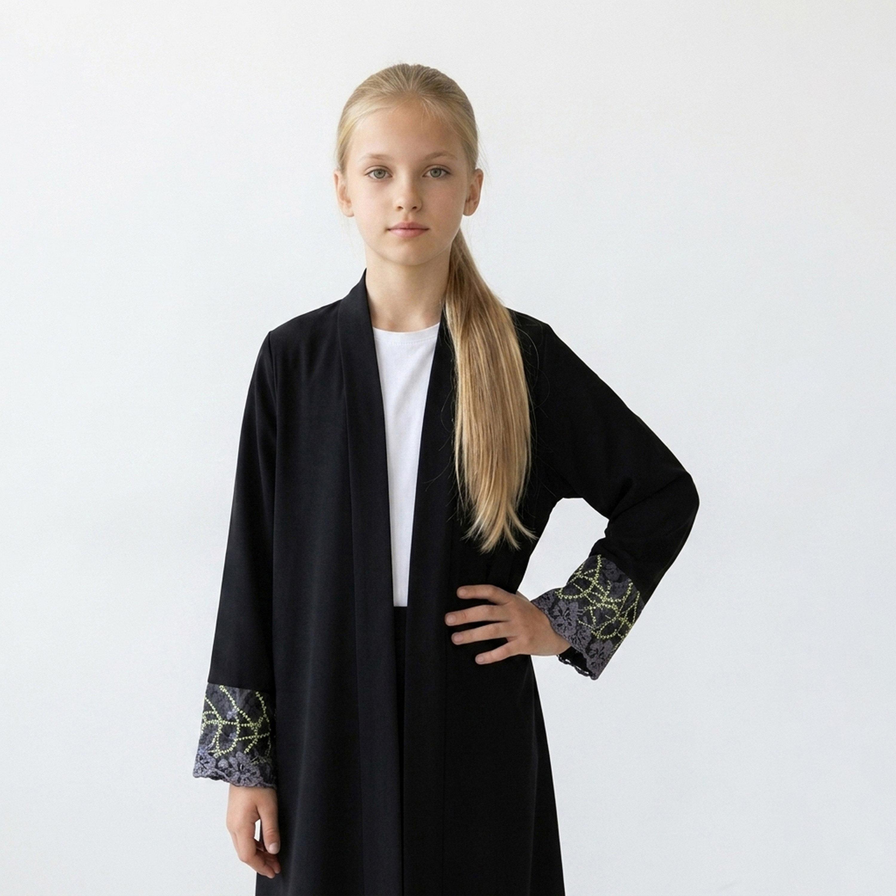 Hawraa Black Tree Embroidered Linen Girls Abaya with Hijab-girls-arabicclothing-abayas-image-3