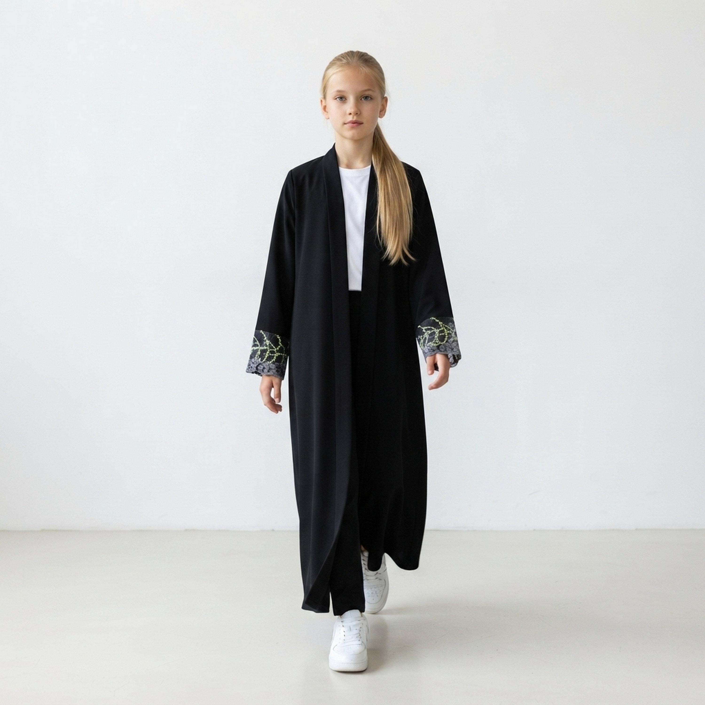 Hawraa Black Tree Embroidered Linen Girls Abaya with Hijab-girls-arabicclothing-abayas-image-4