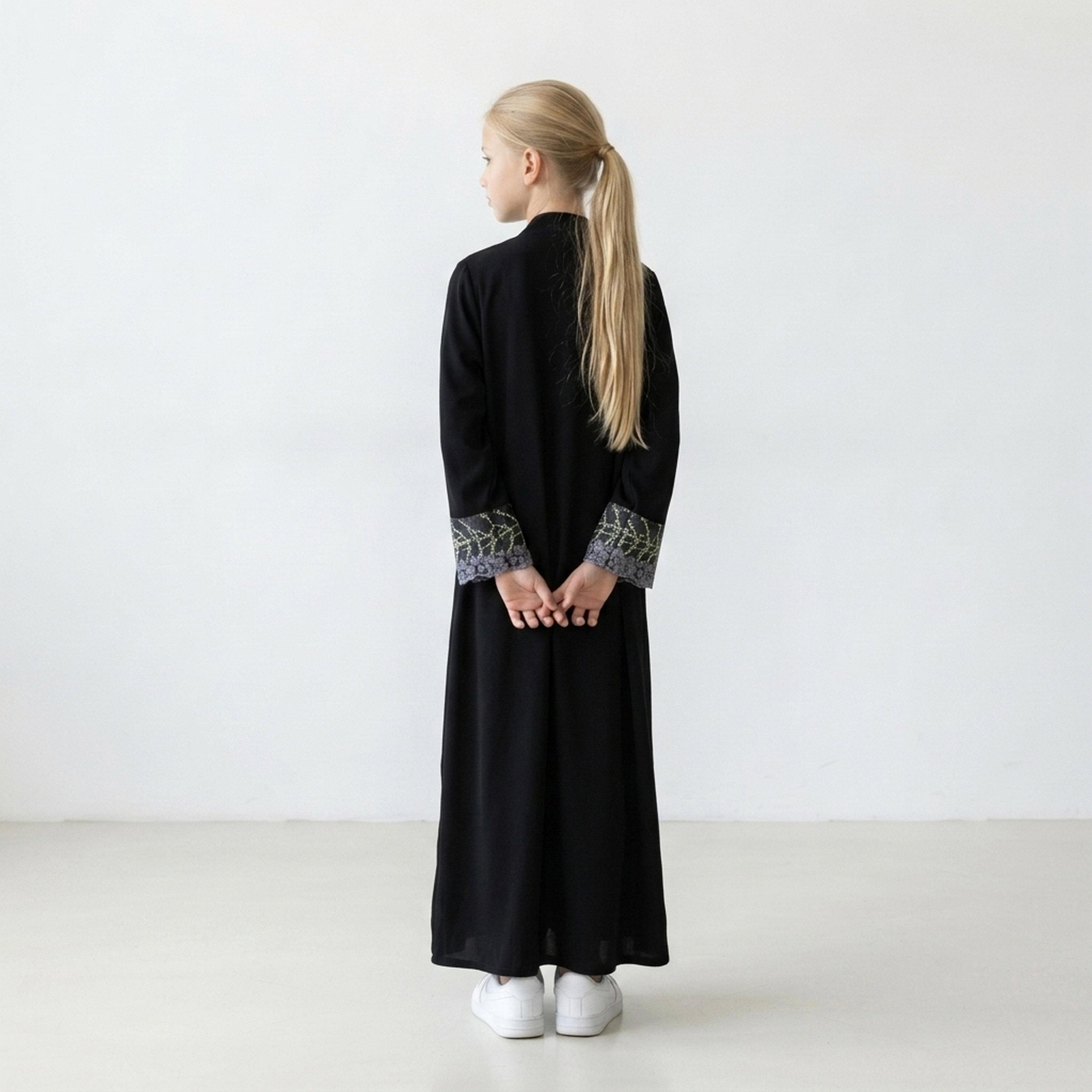 Hawraa Black Tree Embroidered Linen Girls Abaya with Hijab-girls-arabicclothing-abayas-image-5