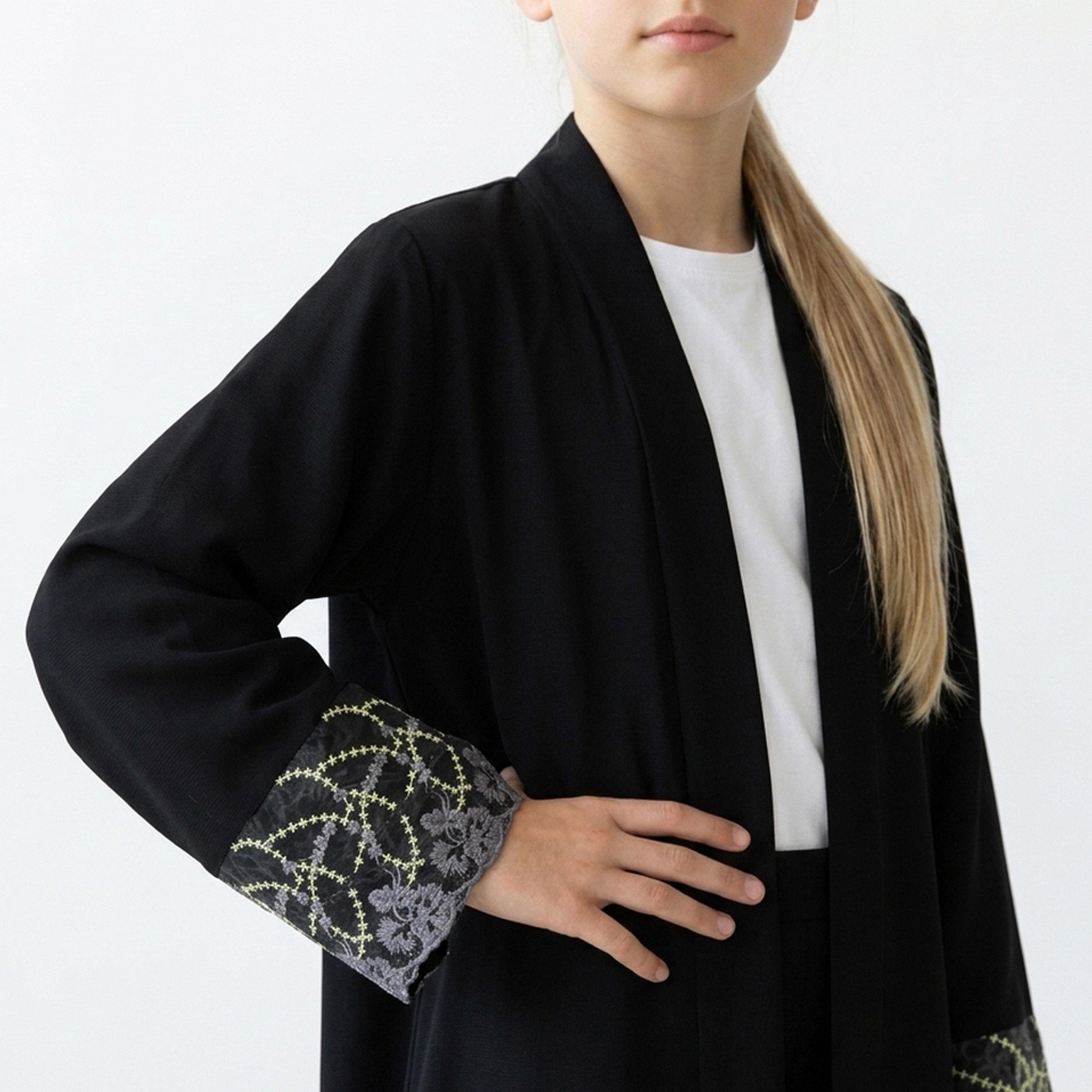 Hawraa Black Tree Embroidered Linen Girls Abaya with Hijab-girls-arabicclothing-abayas-image-6