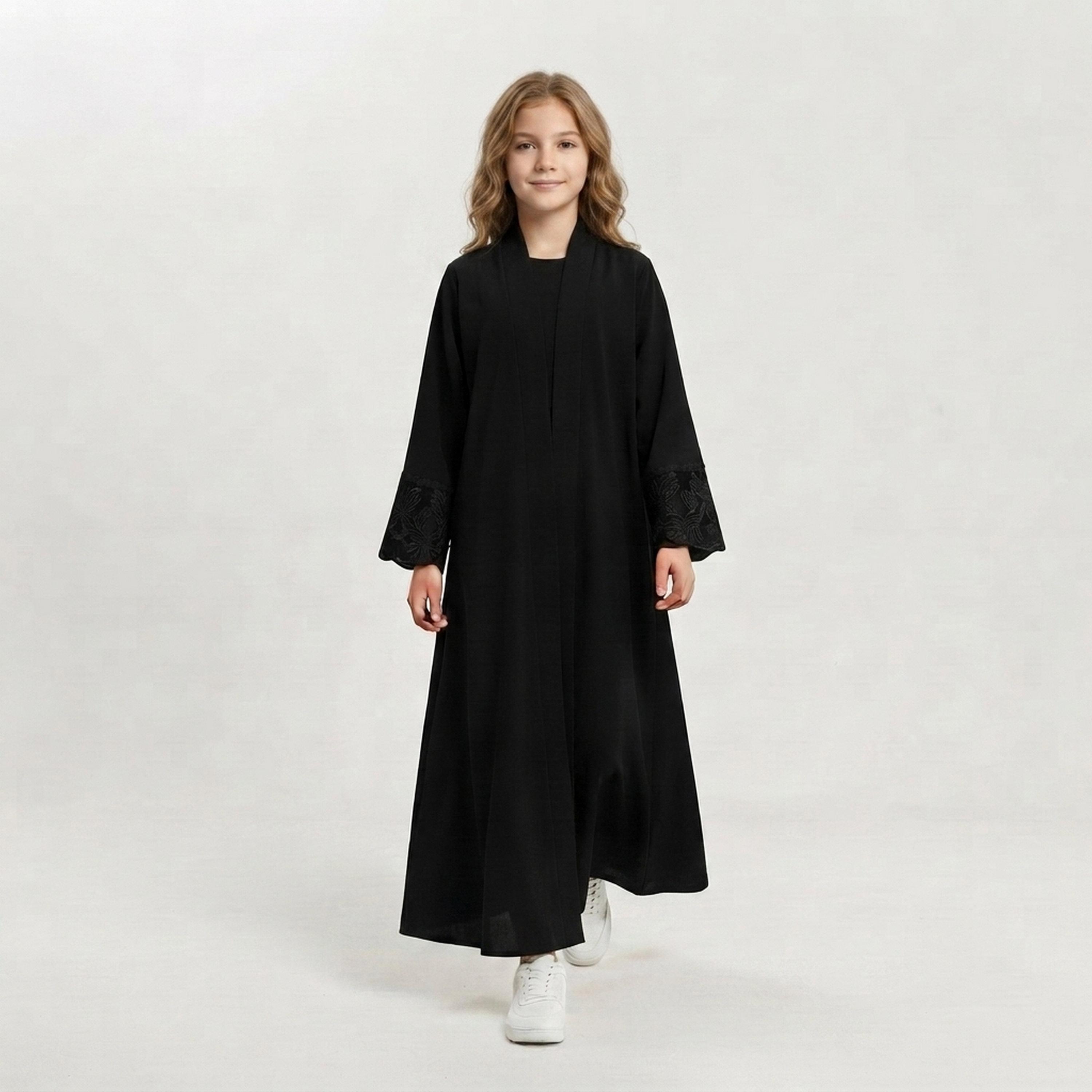 Hawraa Black Embroidered Lace Cuff Sleeves Linen Girls Abaya with Hijab-girls-arabicclothing-abayas-image-1