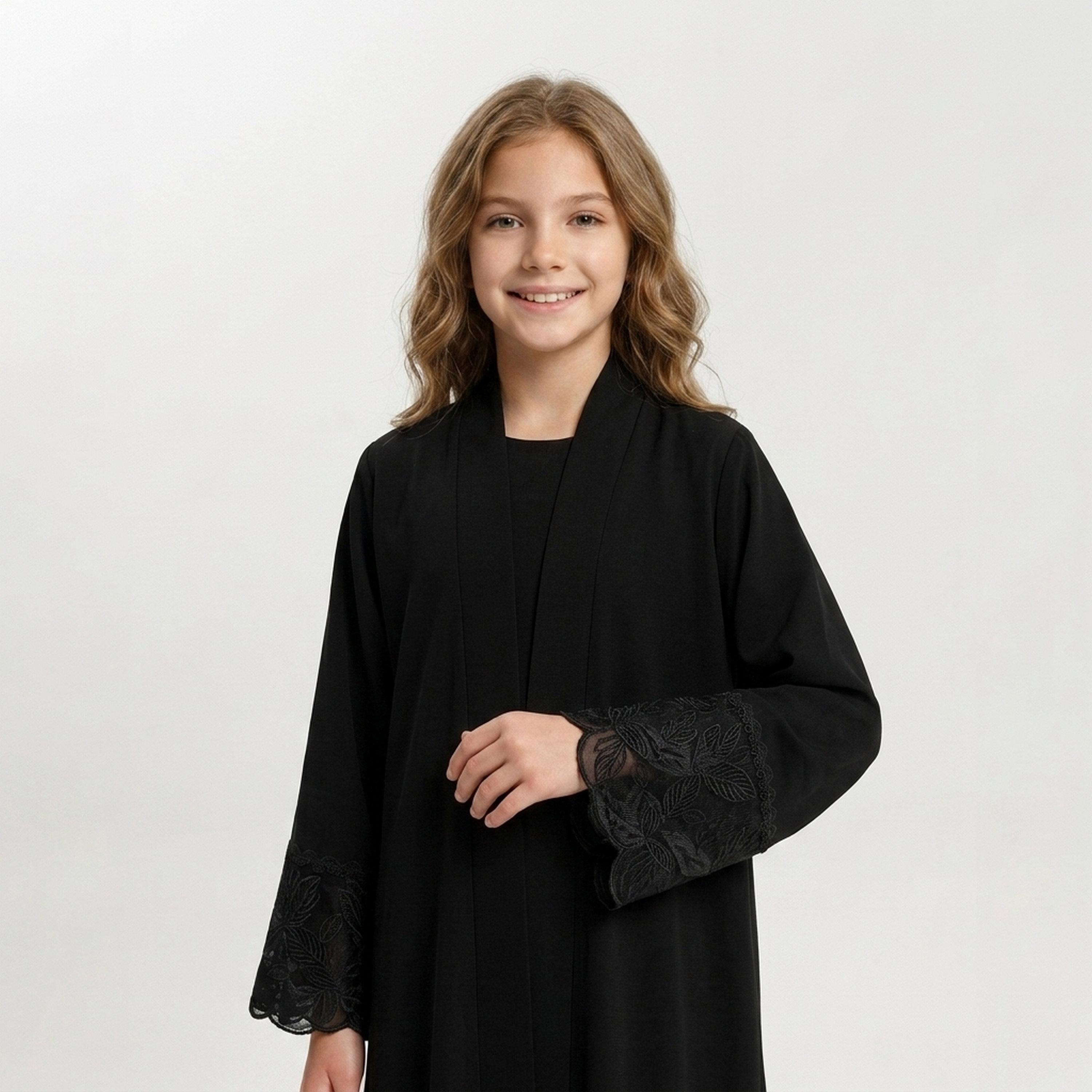 Hawraa Black Embroidered Lace Cuff Sleeves Linen Girls Abaya with Hijab-girls-arabicclothing-abayas-image-2