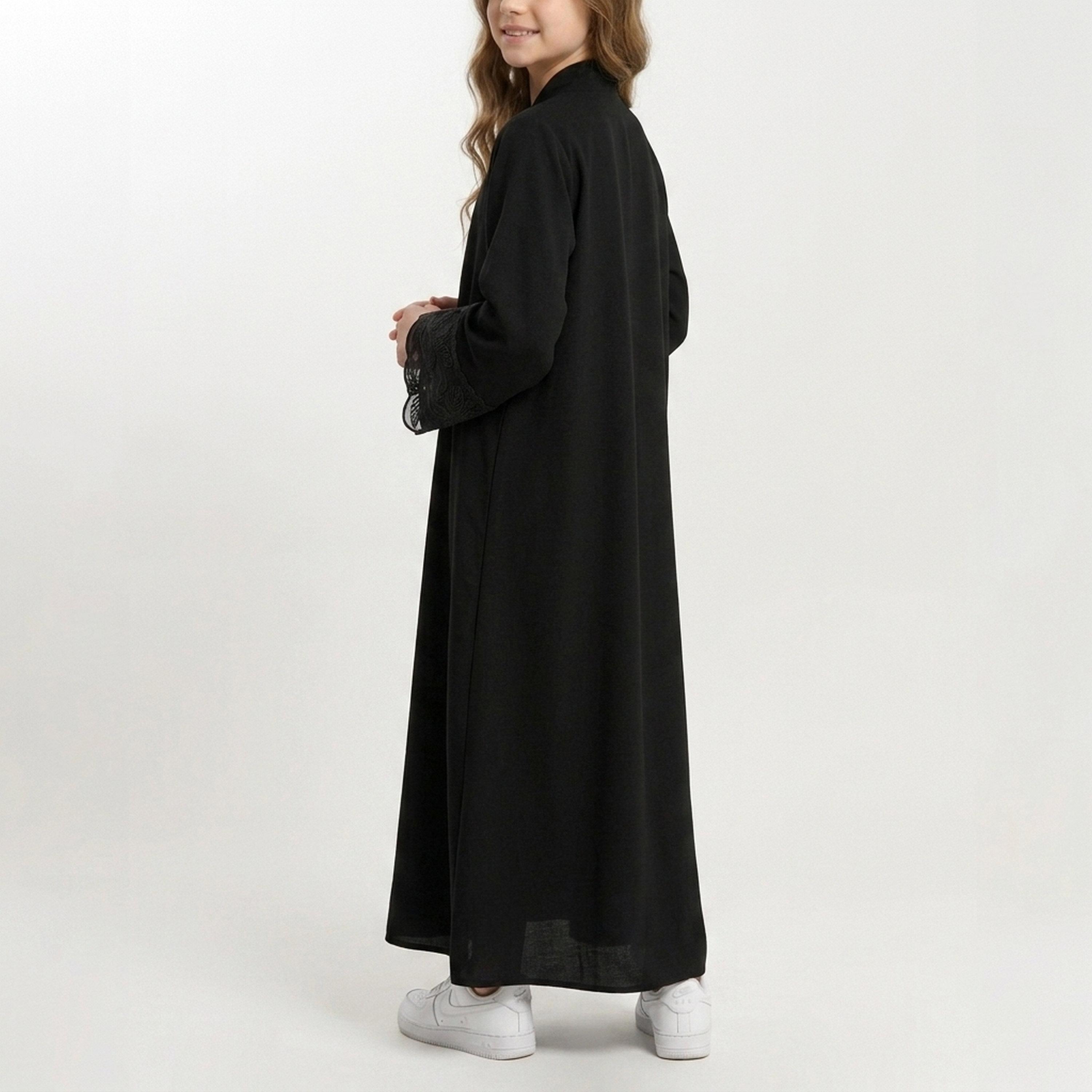 Hawraa Black Embroidered Lace Cuff Sleeves Linen Girls Abaya with Hijab-girls-arabicclothing-abayas-image-4