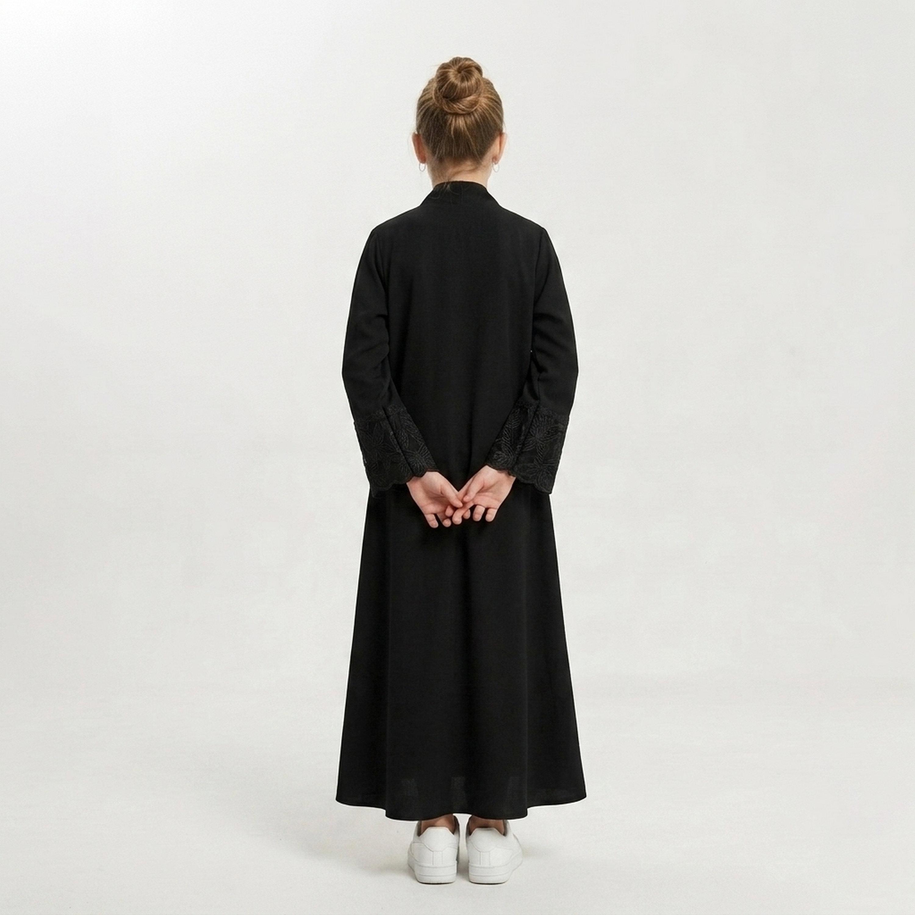 Hawraa Black Embroidered Lace Cuff Sleeves Linen Girls Abaya with Hijab-girls-arabicclothing-abayas-image-5