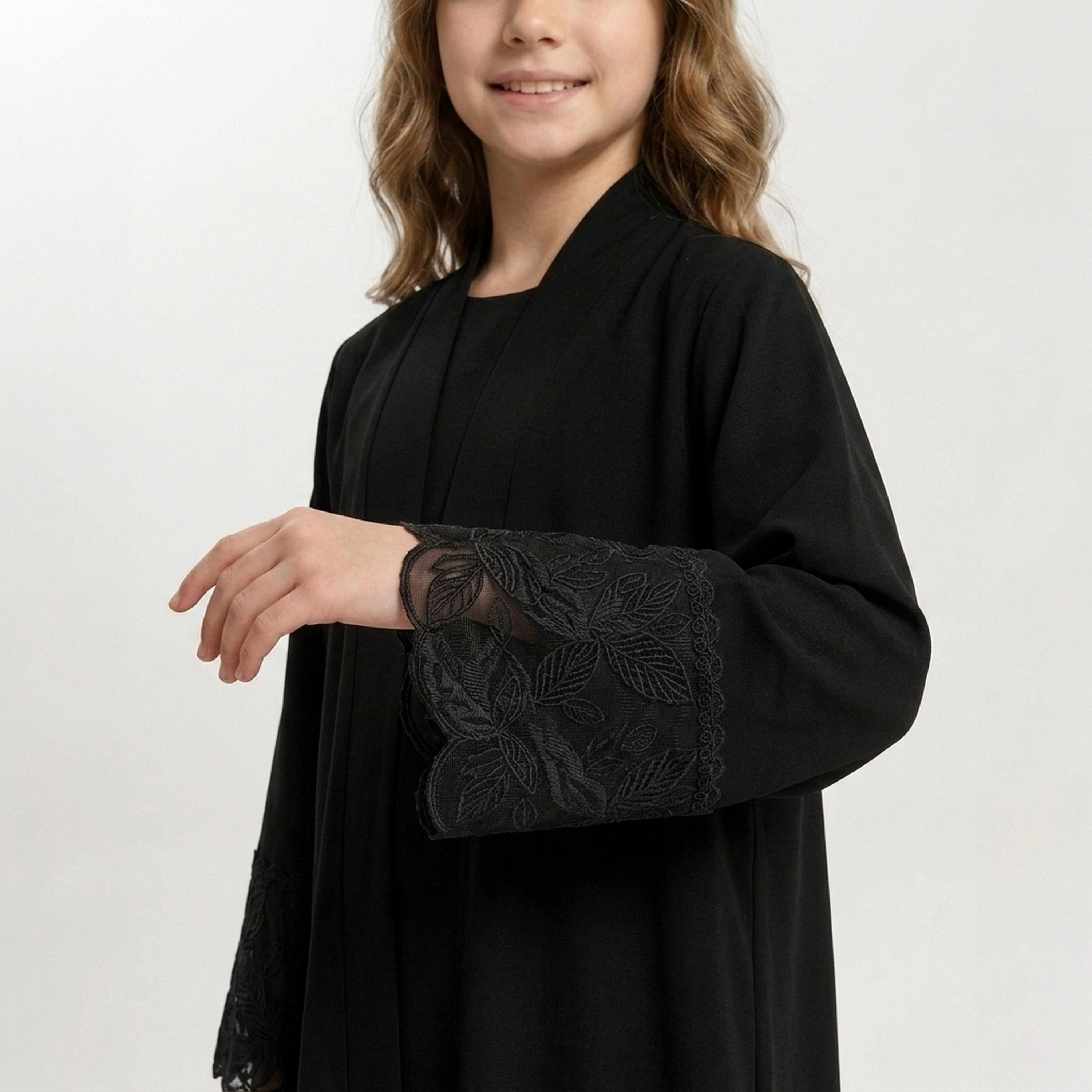 Hawraa Black Embroidered Lace Cuff Sleeves Linen Girls Abaya with Hijab-girls-arabicclothing-abayas-image-6