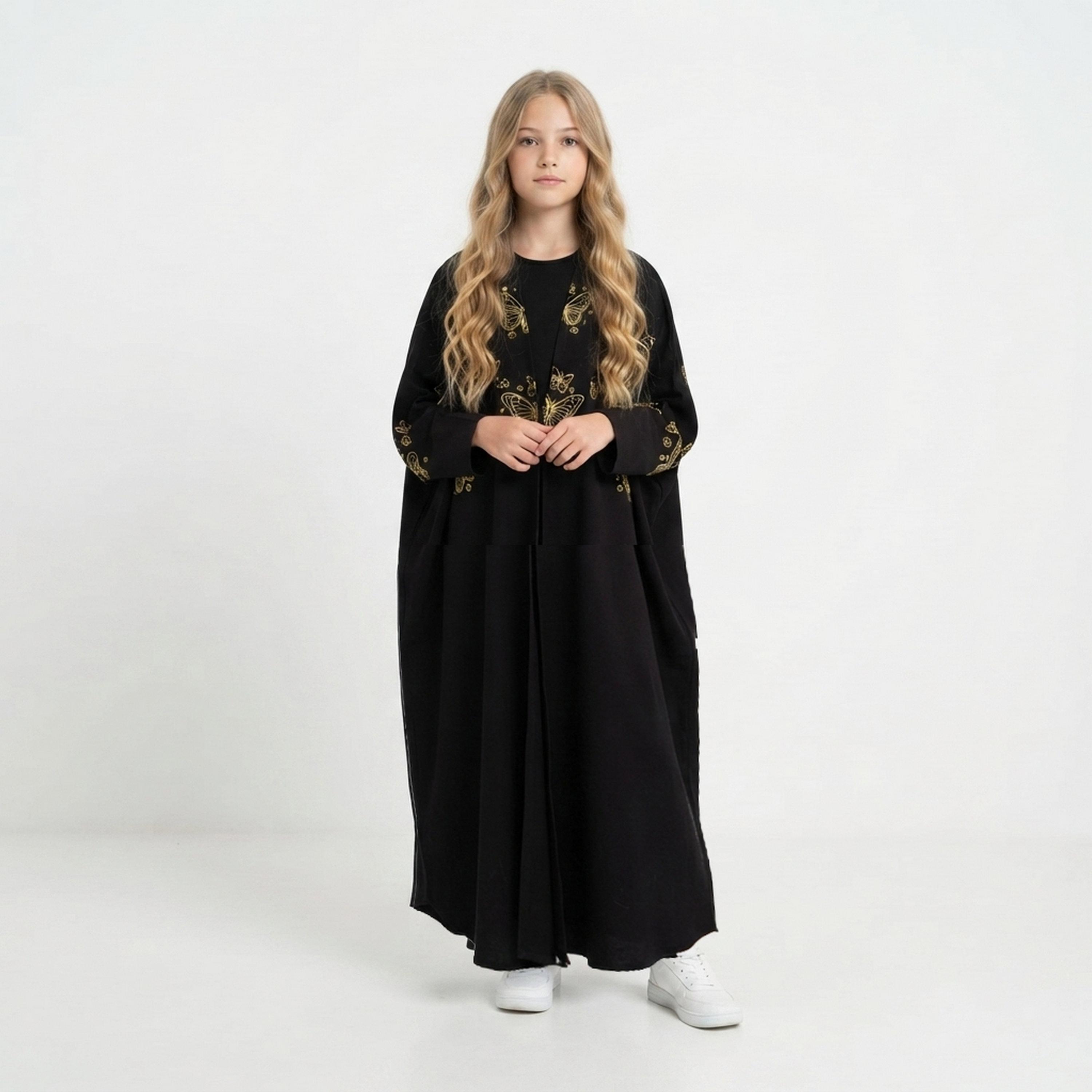 Hawraa Black Butterfly Embroidered Linen Girls Wide-Cut Abaya with Hijab-girls-arabicclothing-abayas-image-1