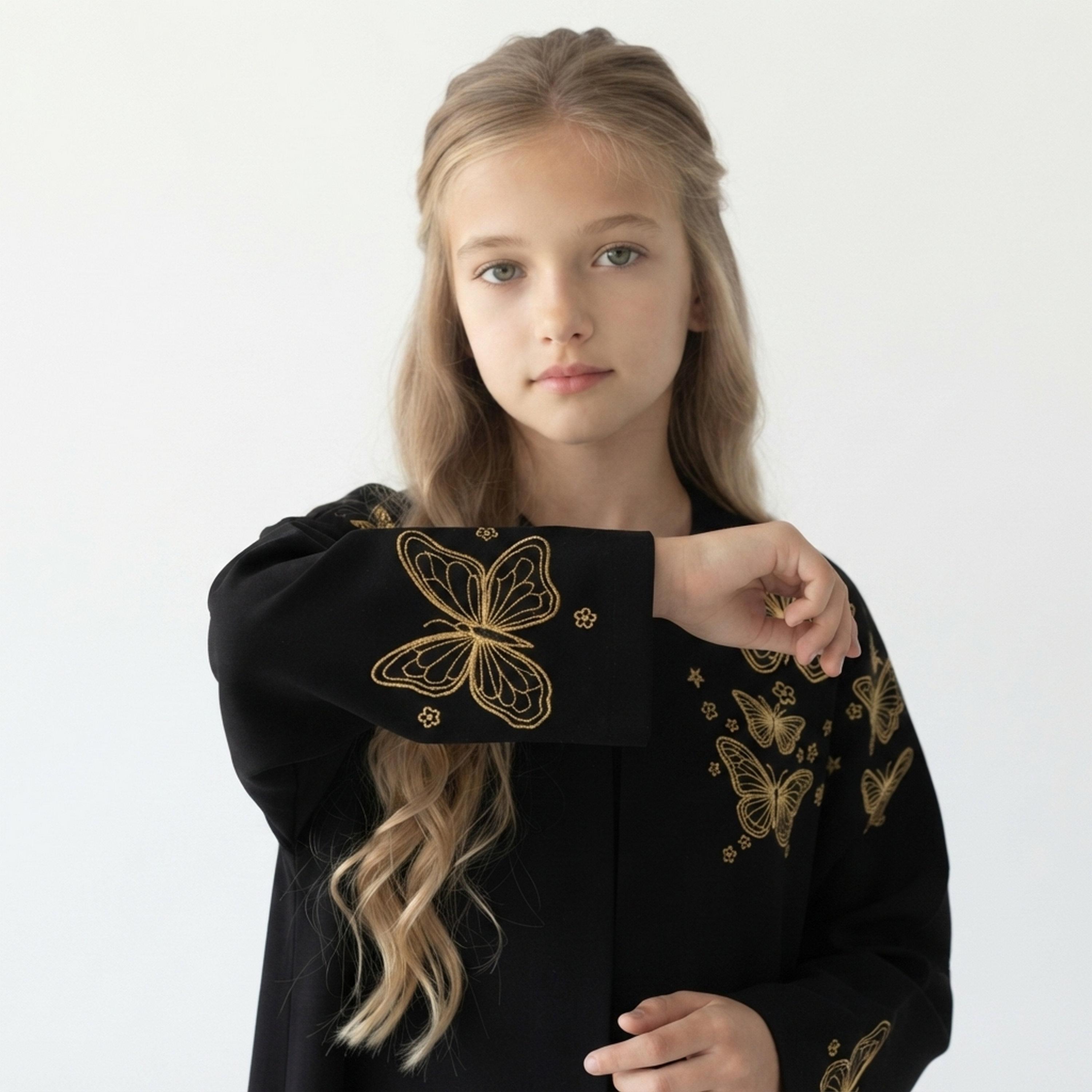 Hawraa Black Butterfly Embroidered Linen Girls Wide-Cut Abaya with Hijab-girls-arabicclothing-abayas-image-2