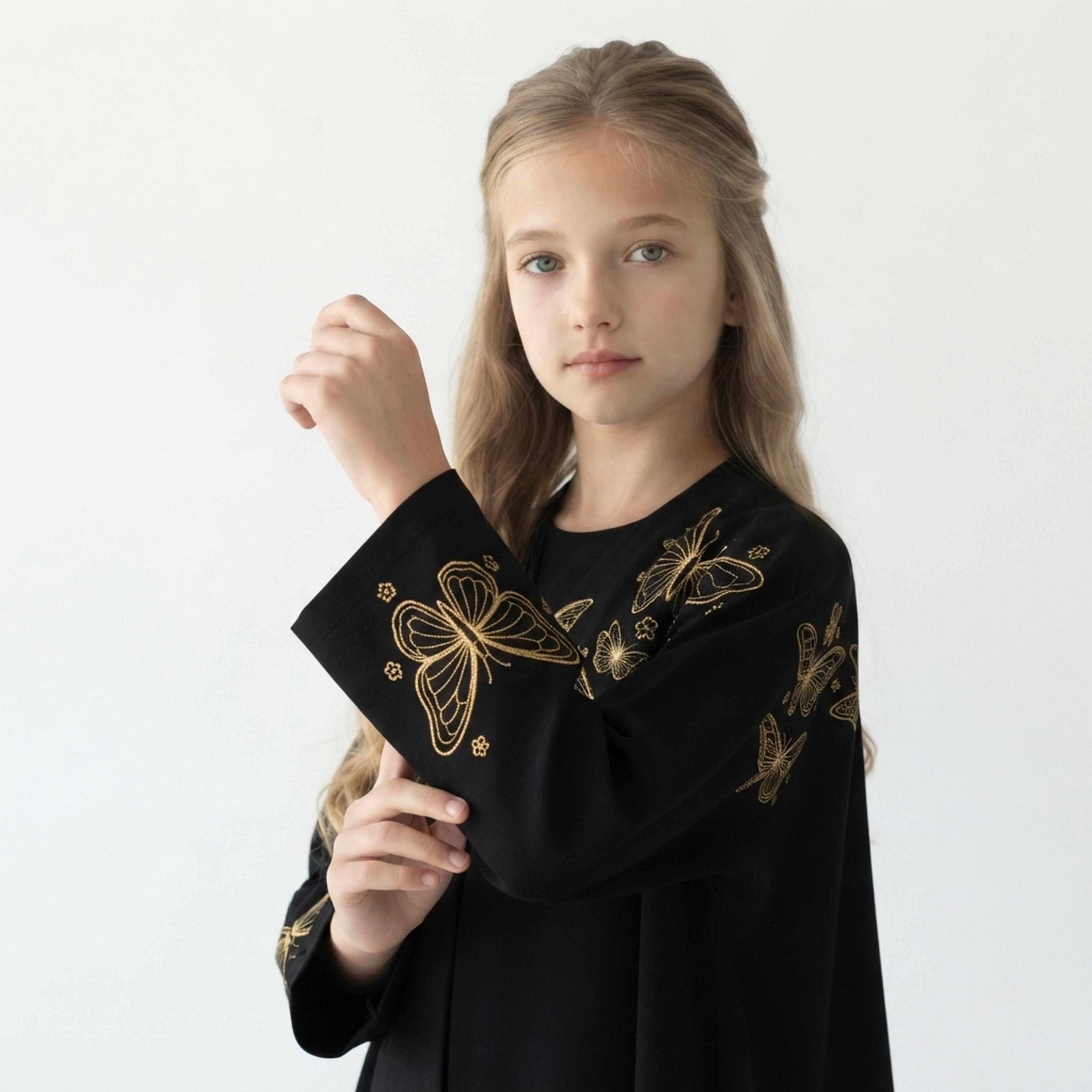Hawraa Black Butterfly Embroidered Linen Girls Wide-Cut Abaya with Hijab-girls-arabicclothing-abayas-image-3