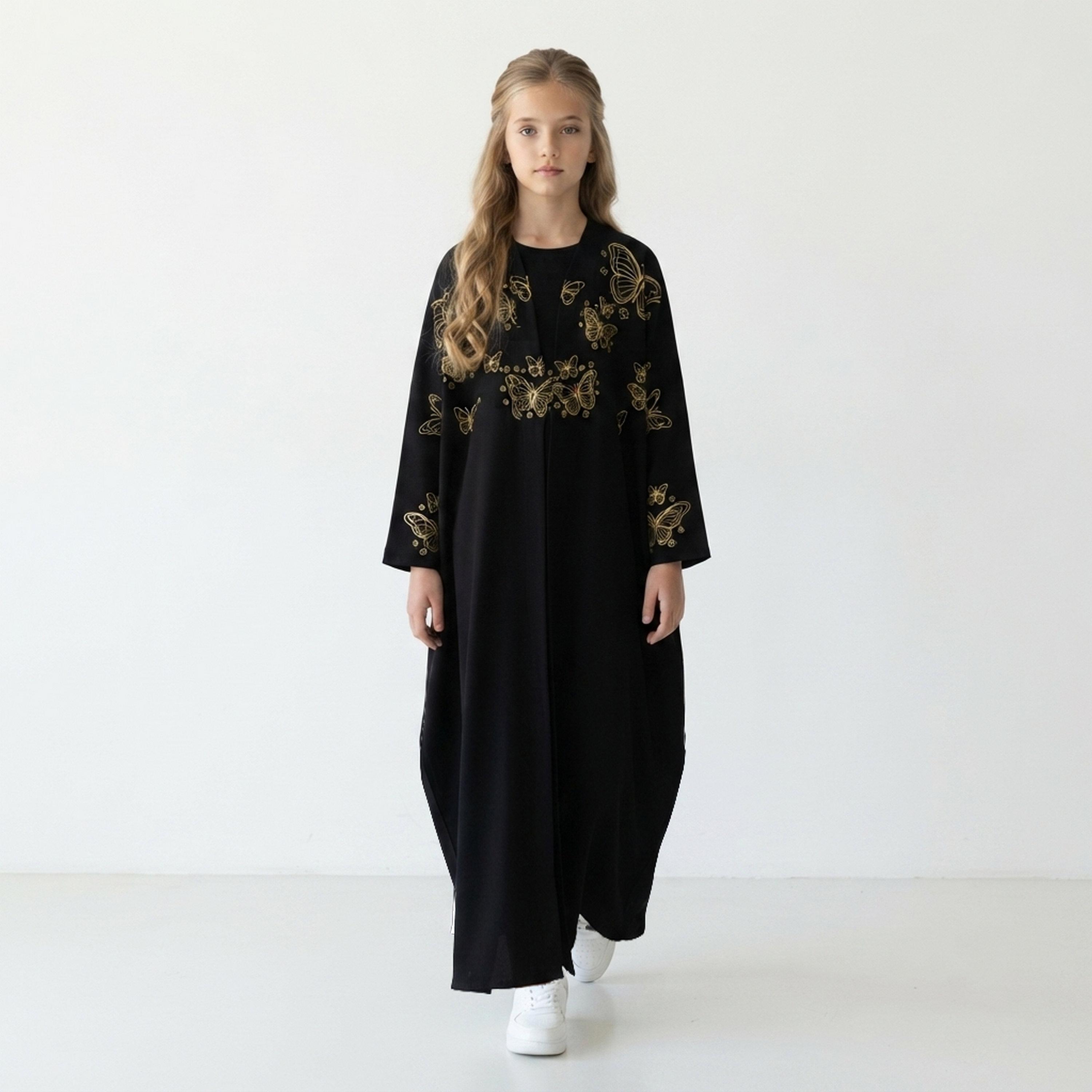 Hawraa Black Butterfly Embroidered Linen Girls Wide-Cut Abaya with Hijab-girls-arabicclothing-abayas-image-4