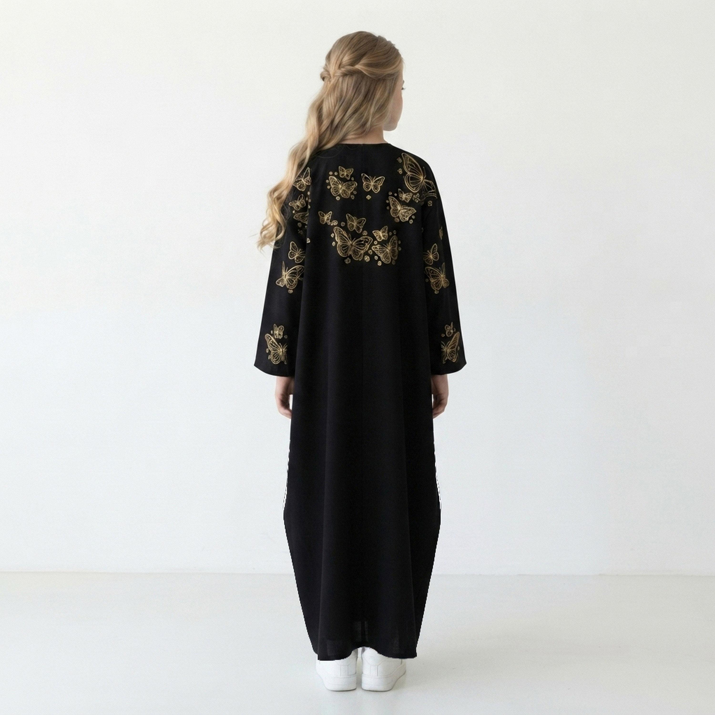 Hawraa Black Butterfly Embroidered Linen Girls Wide-Cut Abaya with Hijab-girls-arabicclothing-abayas-image-5