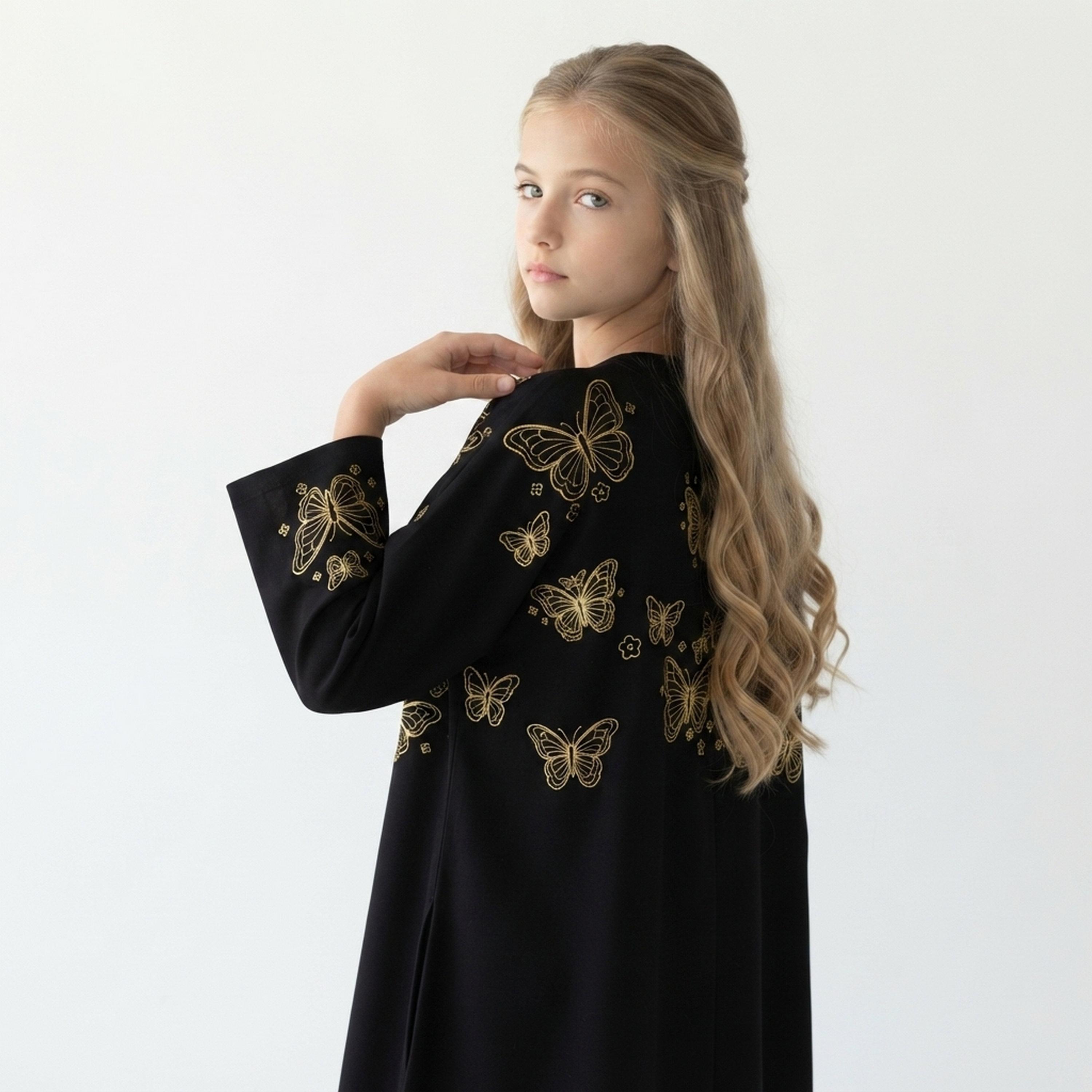 Hawraa Black Butterfly Embroidered Linen Girls Wide-Cut Abaya with Hijab-girls-arabicclothing-abayas-image-6