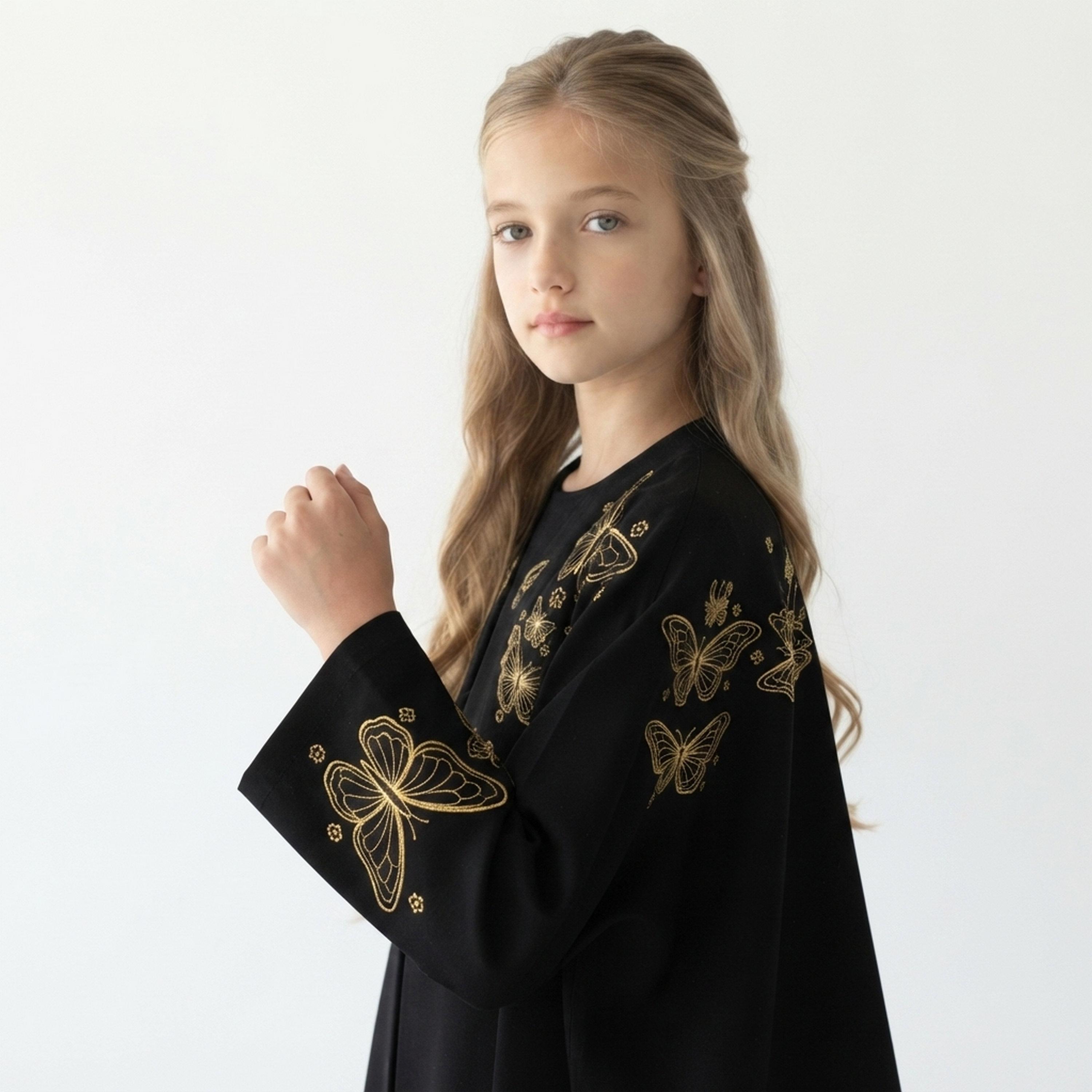 Hawraa Black Butterfly Embroidered Linen Girls Wide-Cut Abaya with Hijab-girls-arabicclothing-abayas-image-7