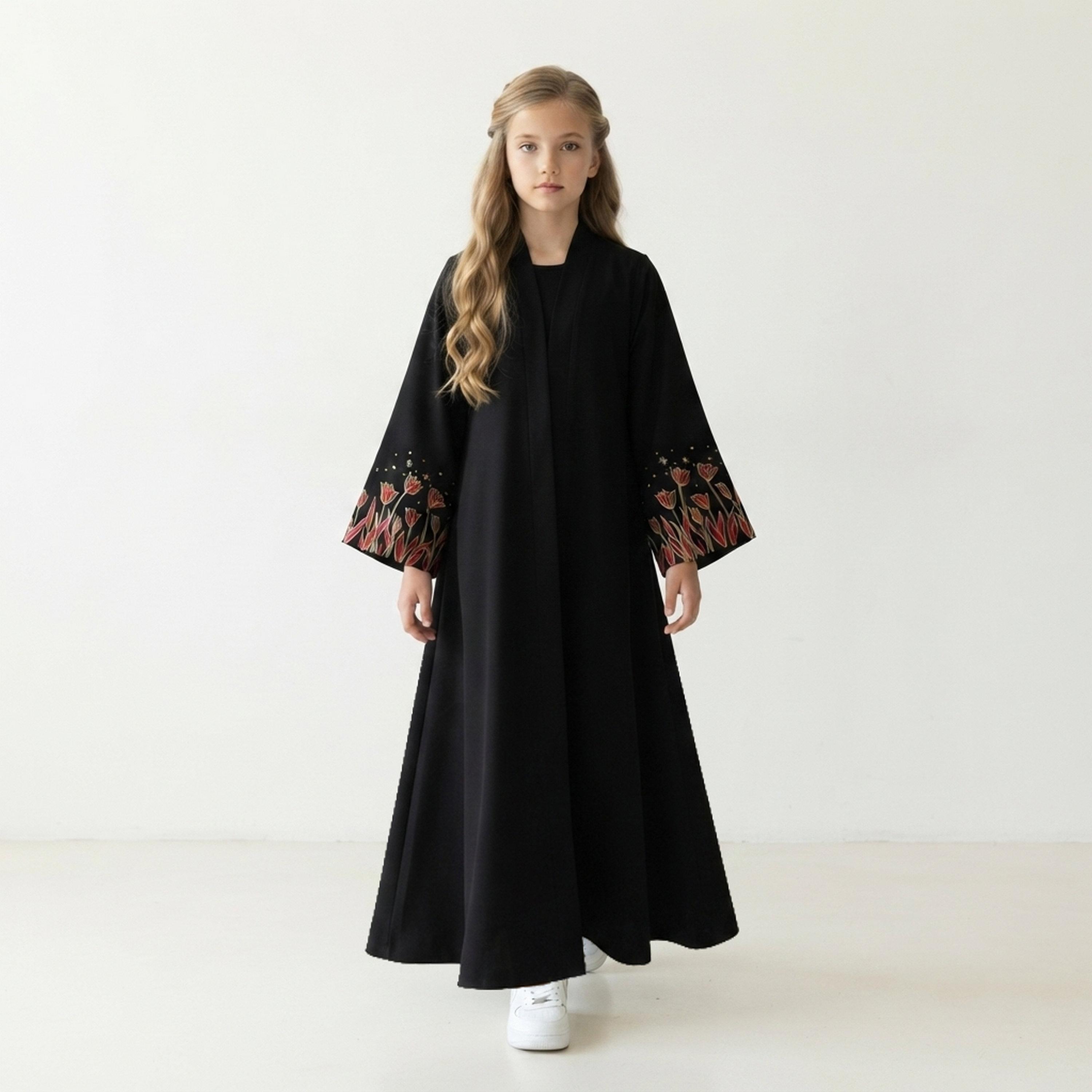 Hawraa Black Rose Embroidered Wide Sleeves Linen Girls Flared Style Abaya with Hijab-girls-arabicclothing-abayas-image-1