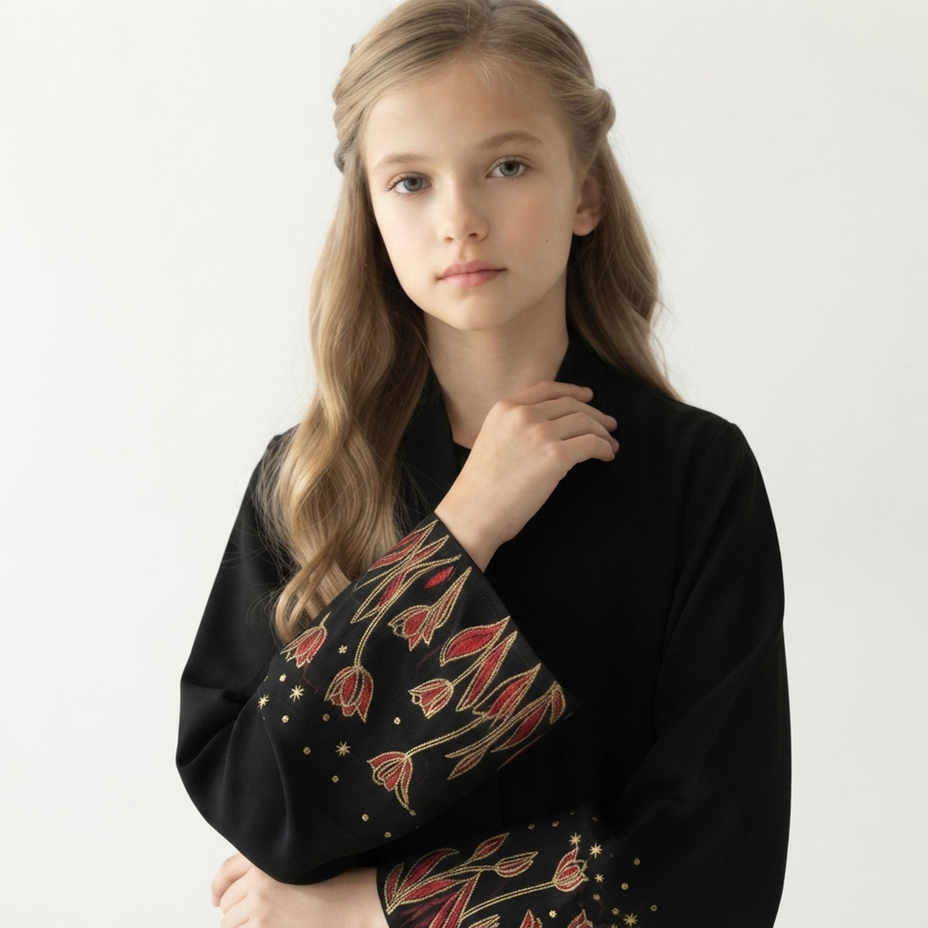 Hawraa Black Rose Embroidered Wide Sleeves Linen Girls Flared Style Abaya with Hijab-girls-arabicclothing-abayas-image-2
