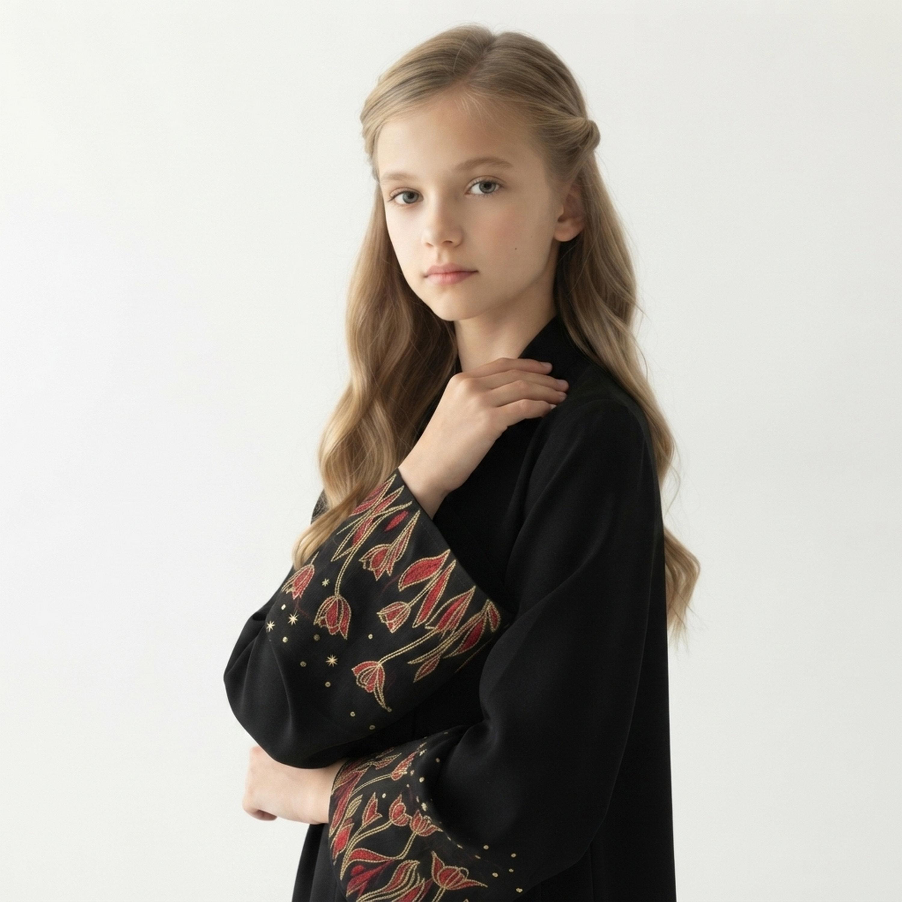 Hawraa Black Rose Embroidered Wide Sleeves Linen Girls Flared Style Abaya with Hijab-girls-arabicclothing-abayas-image-3