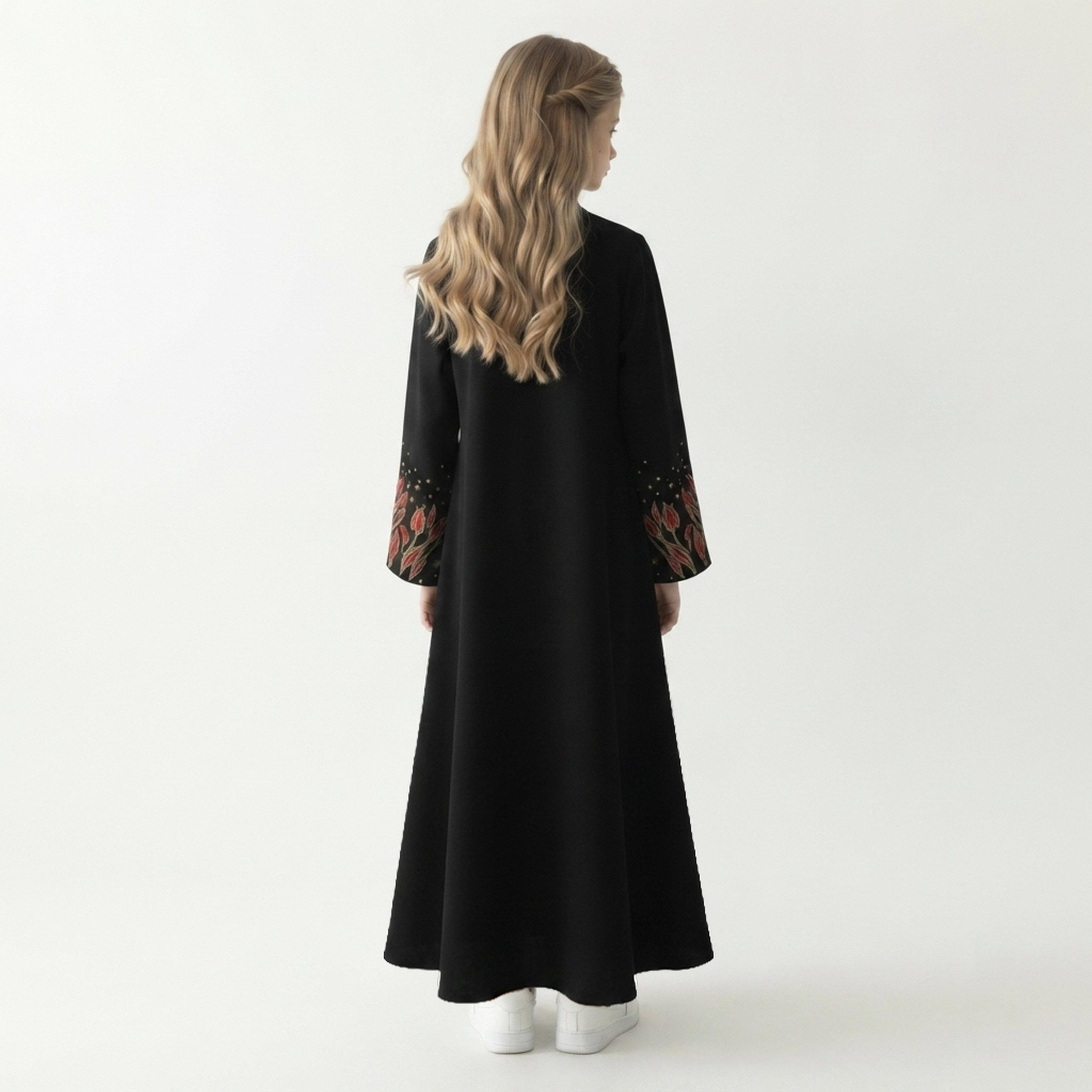 Hawraa Black Rose Embroidered Wide Sleeves Linen Girls Flared Style Abaya with Hijab-girls-arabicclothing-abayas-image-4