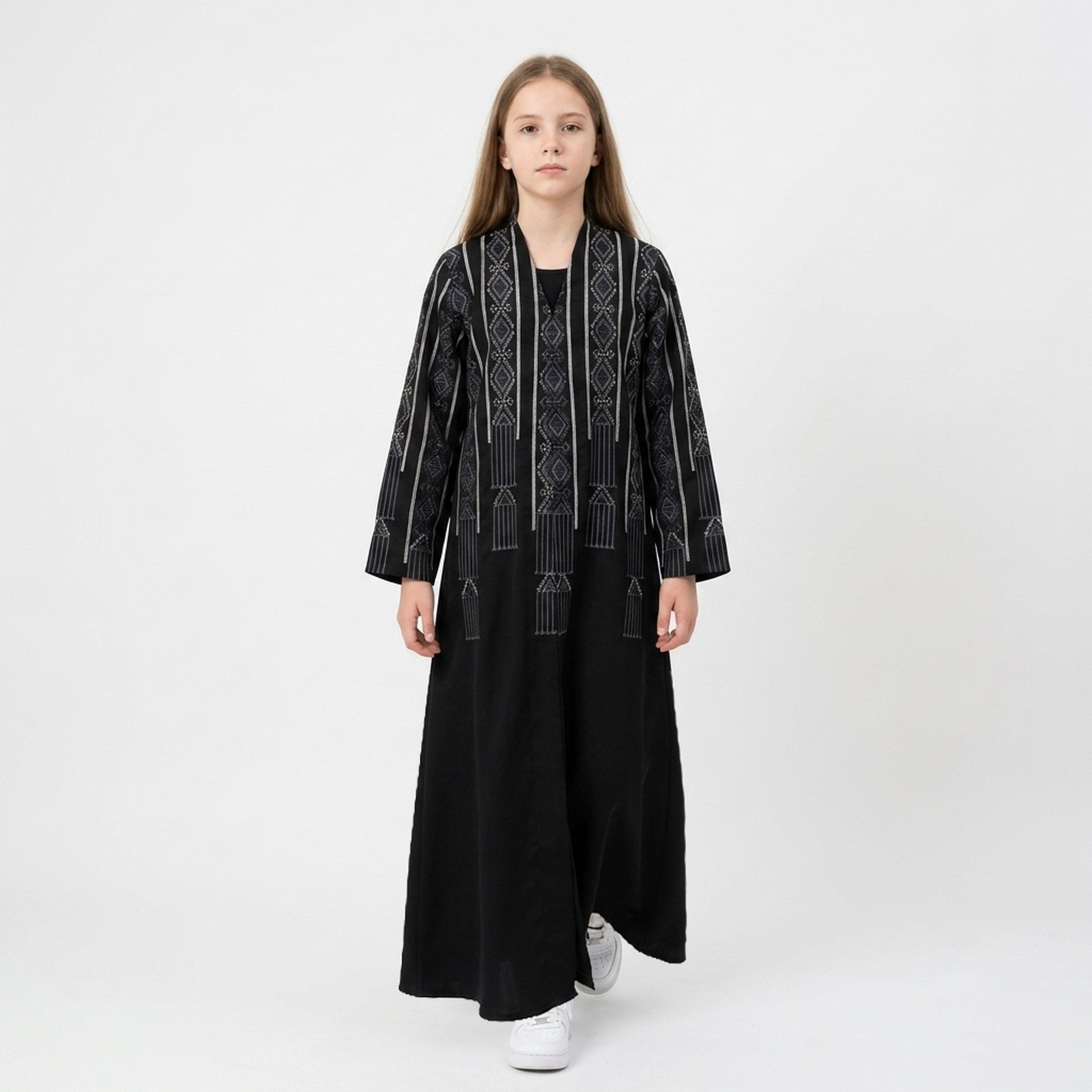 Hawraa Black Geometric Embroidered Linen Girls Abaya with Hijab-girls-arabicclothing-abayas-image-1
